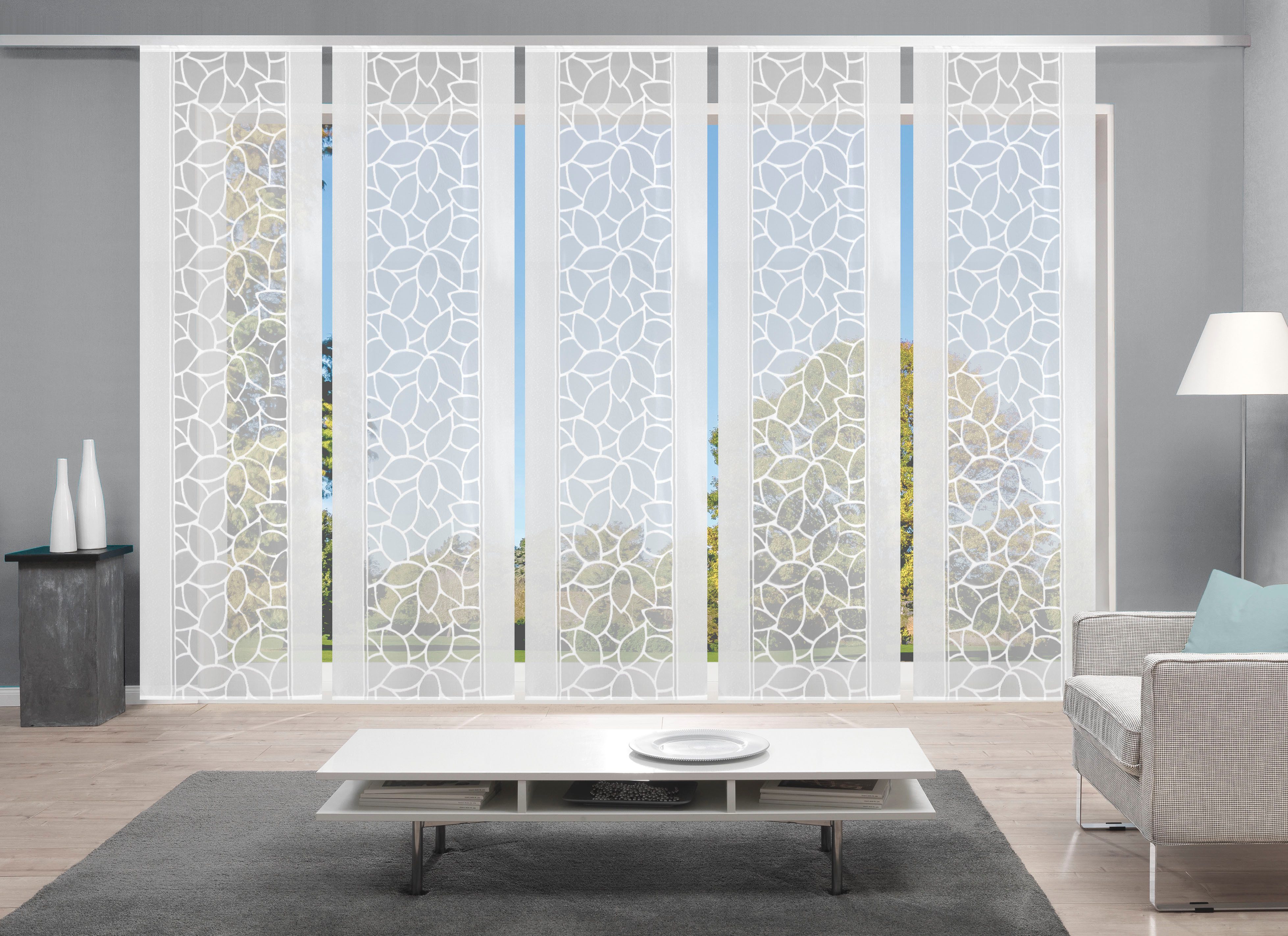 HOME WOHNIDEEN Schiebegardine JENNA (5 St), Klettschiene, halbtransparent, Schiebevorhang Jacquard Set