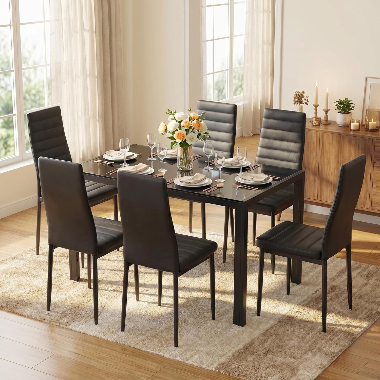 Blishom Essgruppe 7-tlg. Essgruppe aus Glas-Esstisch und 6 Kunstleder-Esszimmerstühle, Esszimmer Set 7-tlg. Glas Tisch 130 cm, Leicht zu reinigen