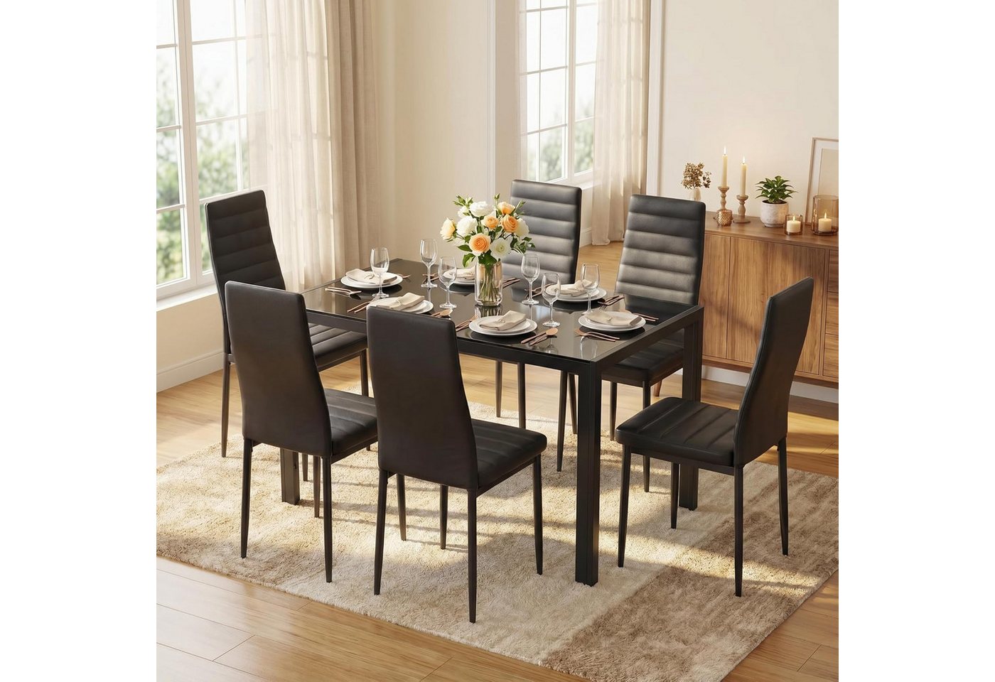 Blishom Essgruppe 7-tlg. Essgruppe aus Glas-Esstisch und 6 Kunstleder-Esszimmerstühle, Esszimmer Set 7-tlg. Glas Tisch 130 cm, Leicht zu reinigen