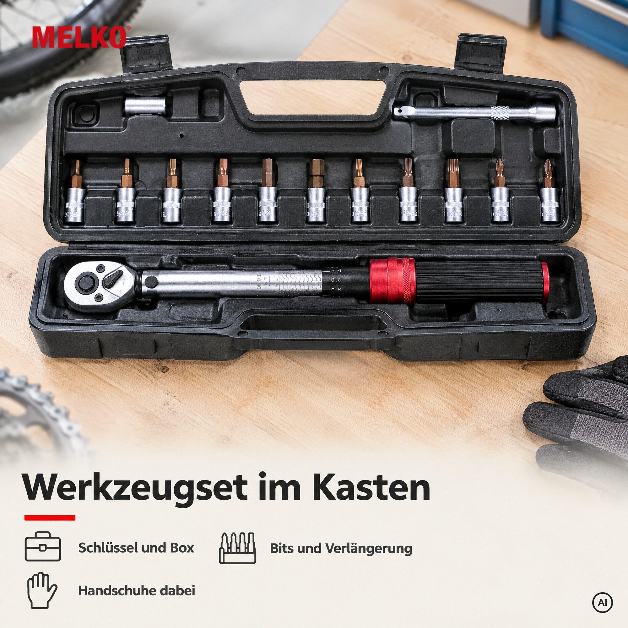 Melko Drehmomentschlüssel Drehmomentschlüssel-Set 1/4" 3-25Nm ±3% Fehlergenauigkeit (Set, 15 St., Stück), Antrieb 6,3 mm (1/4), Chrom-Vanadium-Stahl, inkl. Arbe – Bild 5 von 5
