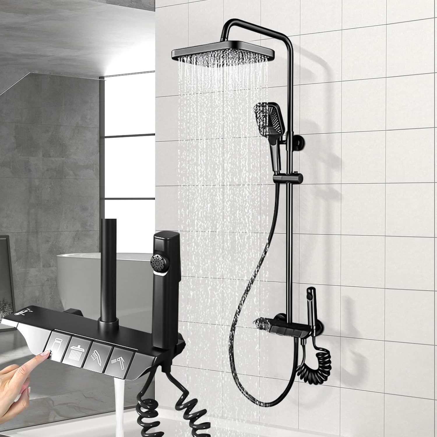 XERSEK Duschsystem Verstellbare Duschstange Duscharmatur Komplettset Duschset 86-120cm, 3 Strahlart(en), mit Armatur 30x19cm Eckiger Regendusche Kopfbrause, Brausegarnitur mit Wannenhahn, Mini-Handbrause und Metallhalter