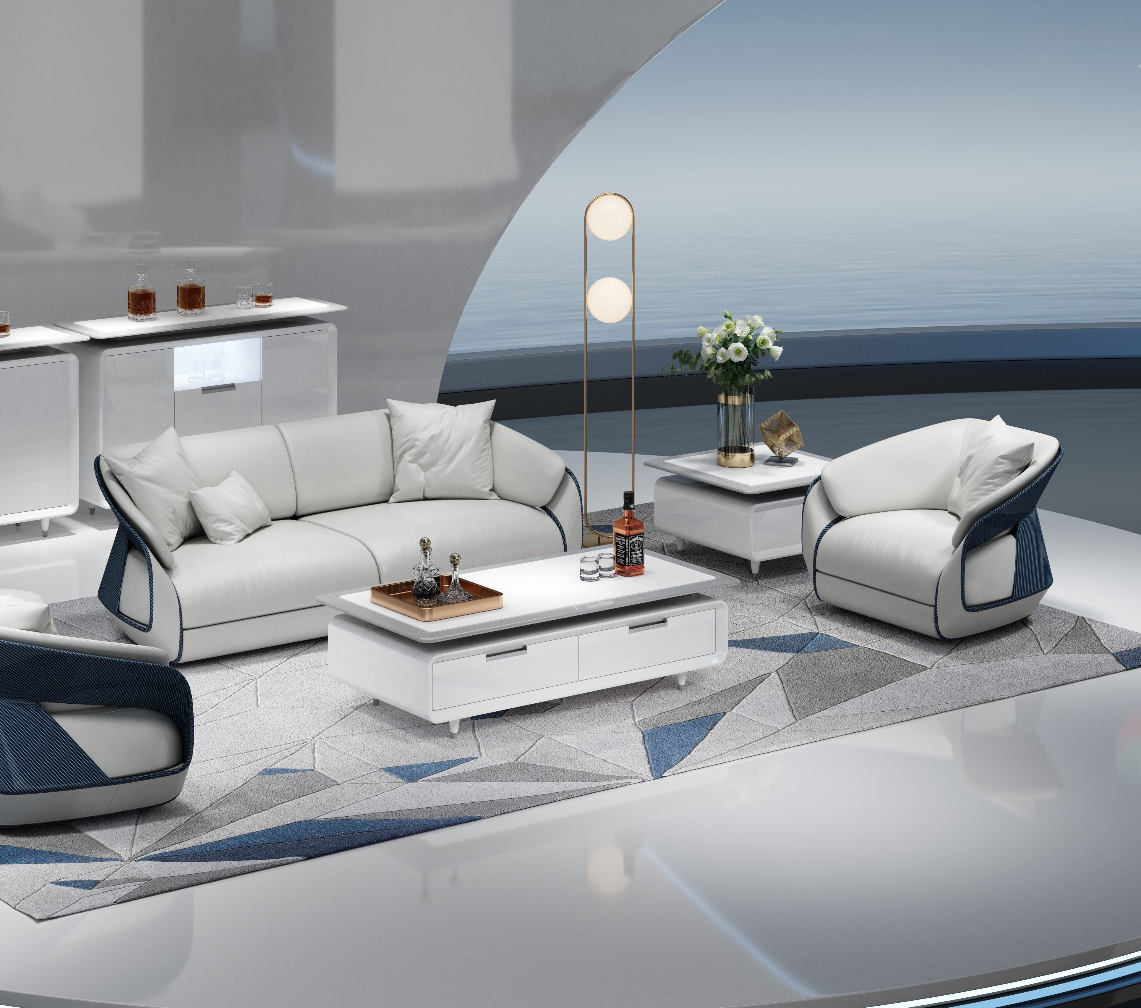 JVmoebel Polstergarnitur Sofa-Set in Weiß-Blau mit pflegeleichtem Stoff von JVMoebel, (Set, 2-tlg)