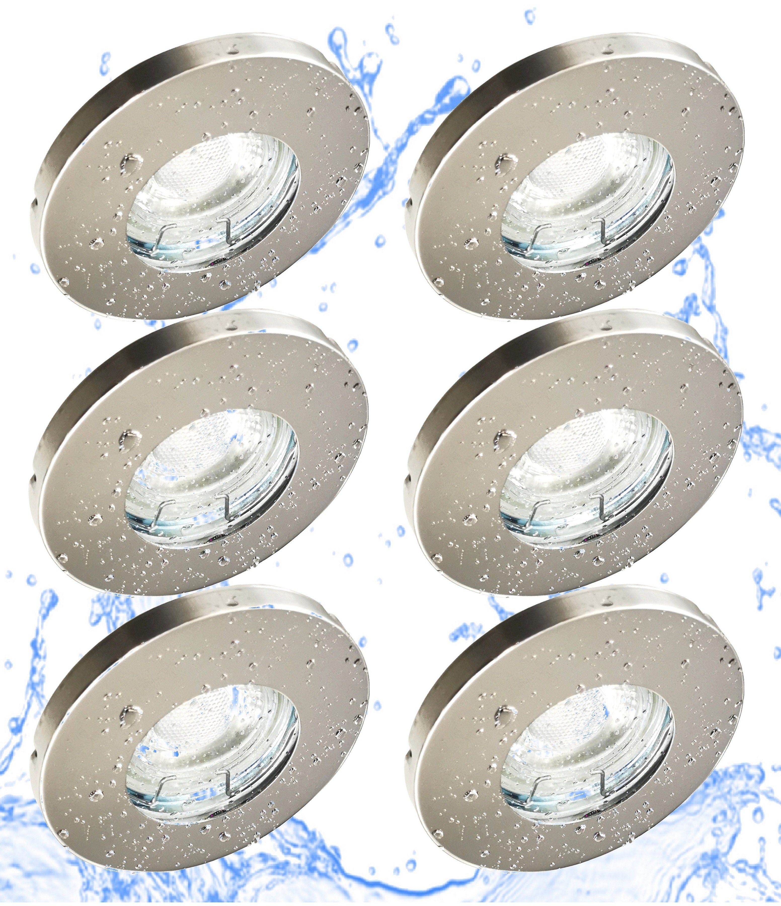 TRANGO LED Einbauleuchte, 6er Set 6729IP-068MCOBSD LED Einbaustrahler IP44 aus Edelstahl poliert in Rund inkl. 6x 5 Watt 3 Stufen dimmbar LED Modul 3000K warmweiß, Ultra flach für Bad, Außen, Deckenstrahler, Einbauleuchte