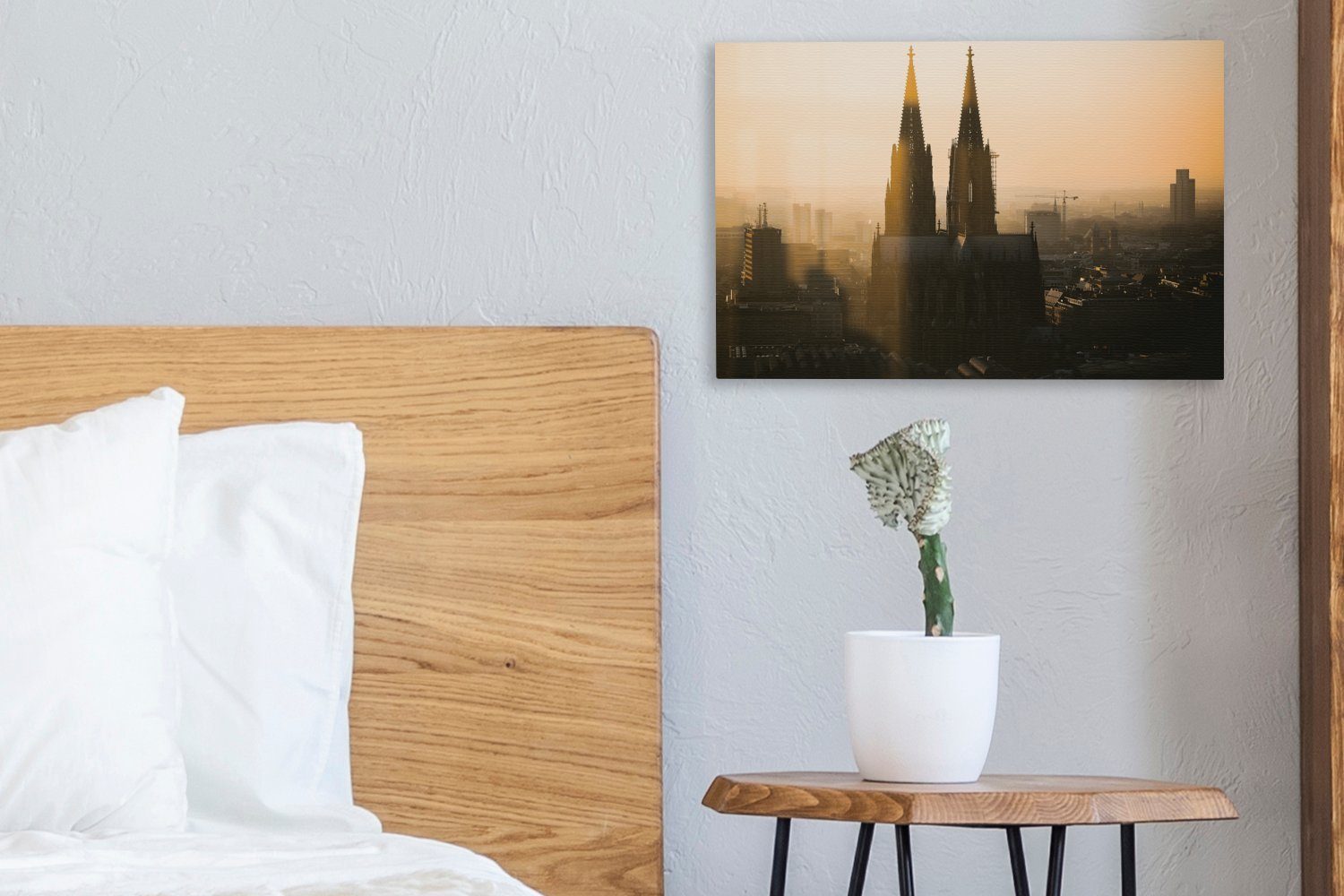 OneMillionCanvasses® Leinwandbild Der Kölner Dom Deutschland, Leinwandbilder, während eines nebligen cm Aufhängefertig, Sonnenuntergangs Wanddeko, Wandbild in (1 30x20 St)