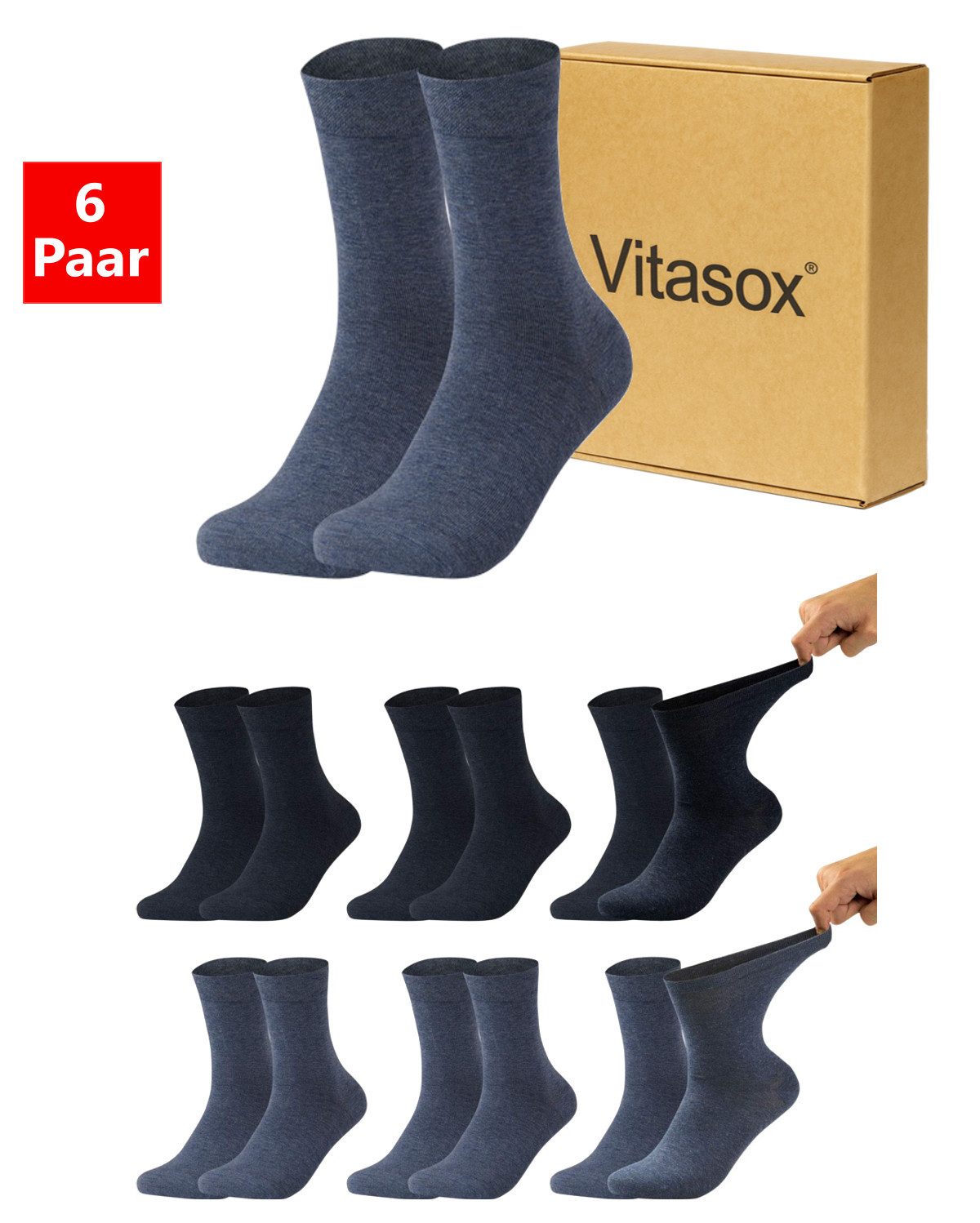 Vitasox Diabetikersocken für Damen - aus Baumwolle ohne Gummi, ohne Einschneiden und Abdrücken (6-Paar) mit weichem und dehnbarem Komfortbund