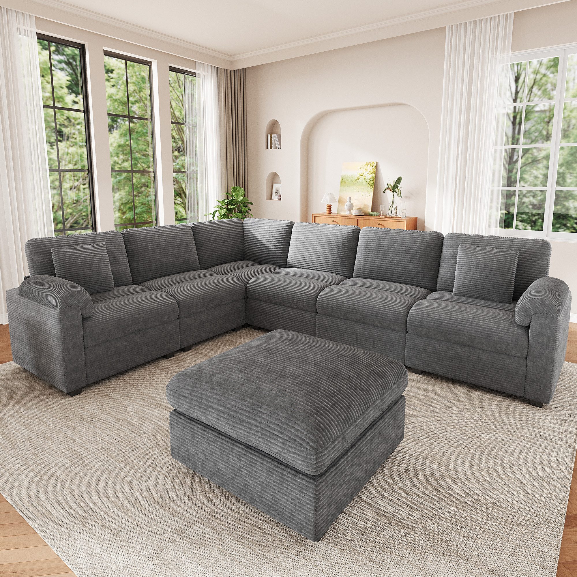 Odikalo Big-Sofa Ecksofa mit Kissen Hocker und Schlaffunktion, Cord‑Sofa, multifunktionalem und großzügigem Kombinationssofa