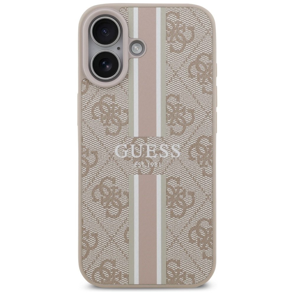 Guess Handyhülle Case iPhone 17 MagSafe Kunstleder rosa Logo Streifen 6,3 Zoll, Kantenschutz