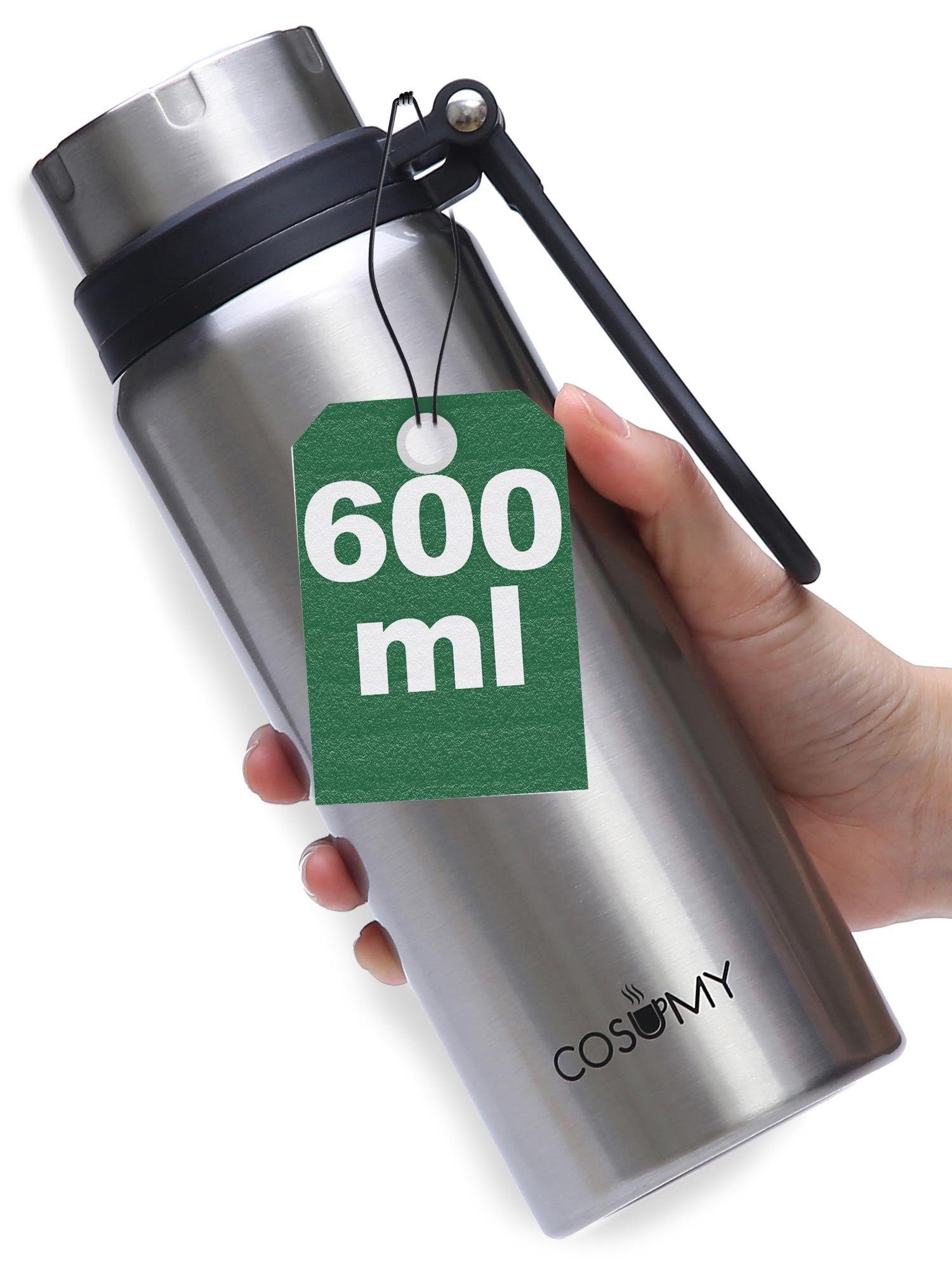 Cosumy Isolierflasche Thermosflasche 630ml Silber, Auslaufsicher - Doppelwandige Isolierflasche - Kohlensäure Geeignet
