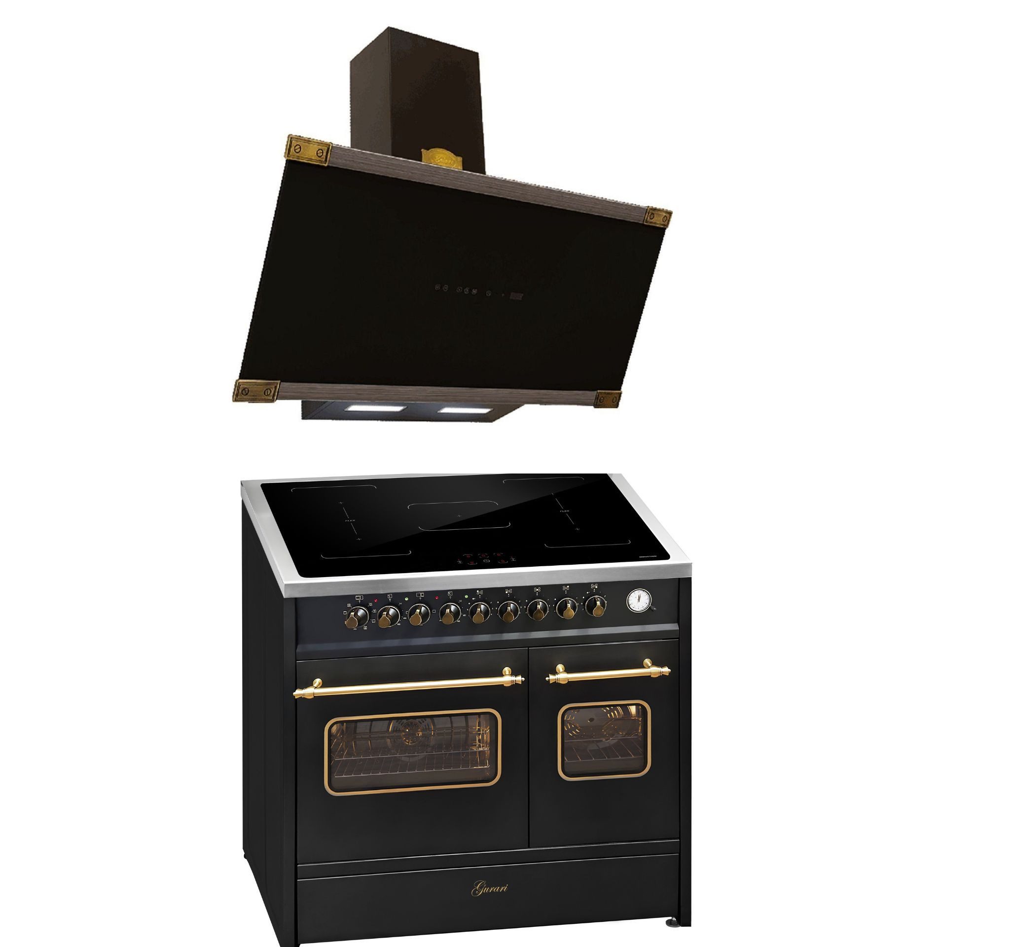 GURARI Induktions-Standherd Retro Elektro Standherd 90 cm, Range Coocker mit FLEX Induktion+Dunstabzugshaube 90 cm, 1250 m³/h E 913 DF RU BL+AT 9445 AD Eco, mit 1-fach-Teleskopauszug