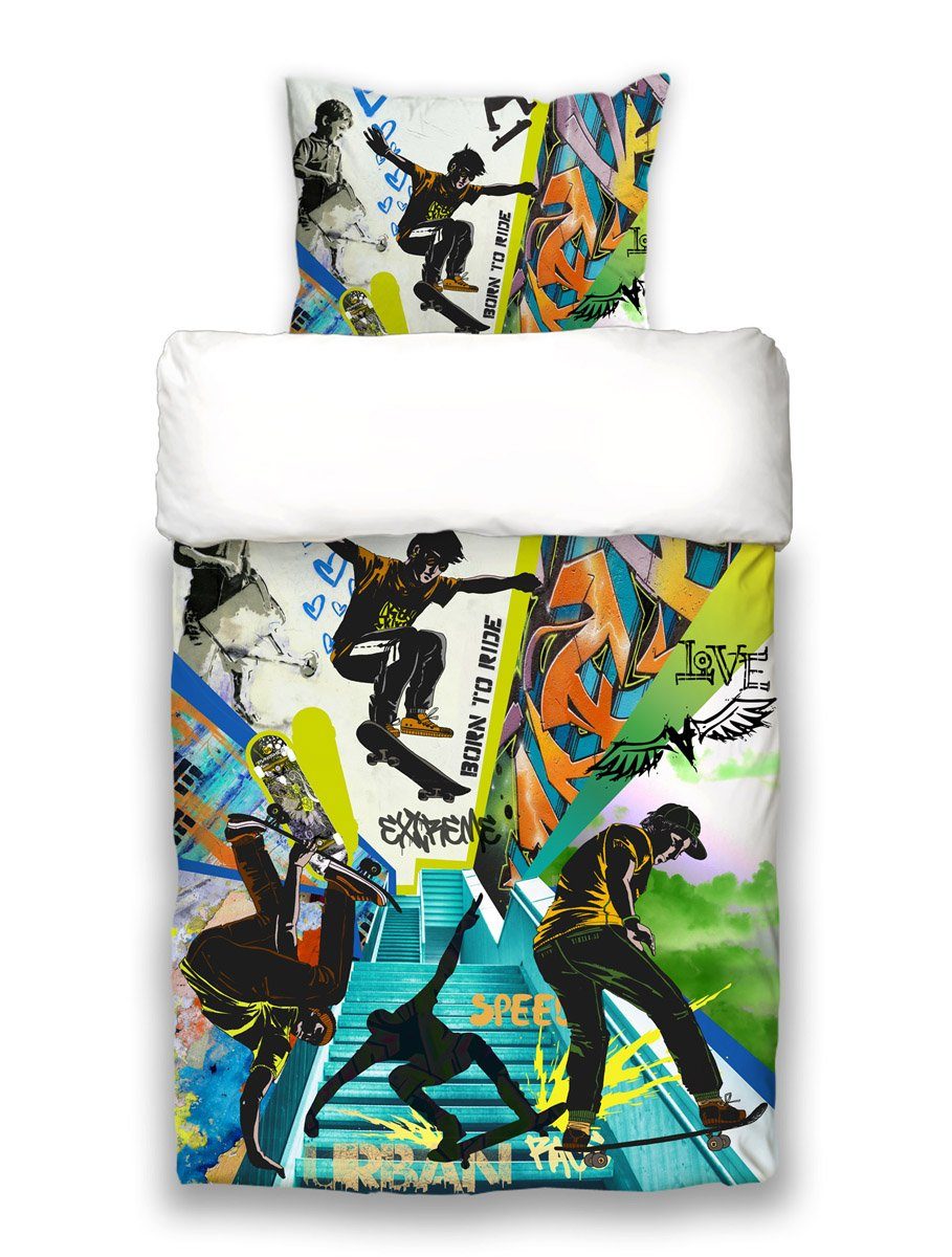 beties Jugendbettwäsche Graffiti, 100% feinste Baumwolle, 2 teilig, Wendebettwäsche-Set ca. 155x220 cm + 80x80 cm Graffiti-Skateboard