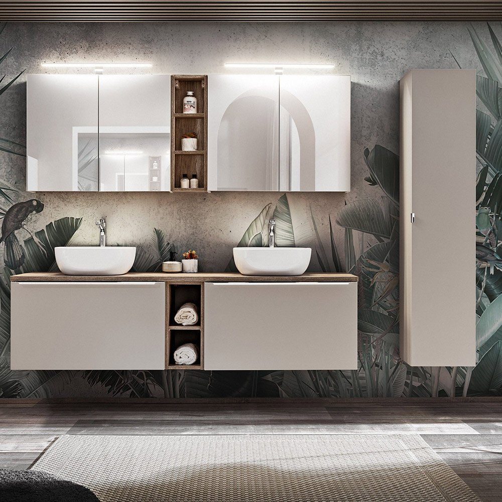 Lomadox Badmöbel-Set PUEBLA-56-TAUPE, (Spar-Set, 12-St), Spiegelschrank Was günstig online kaufen