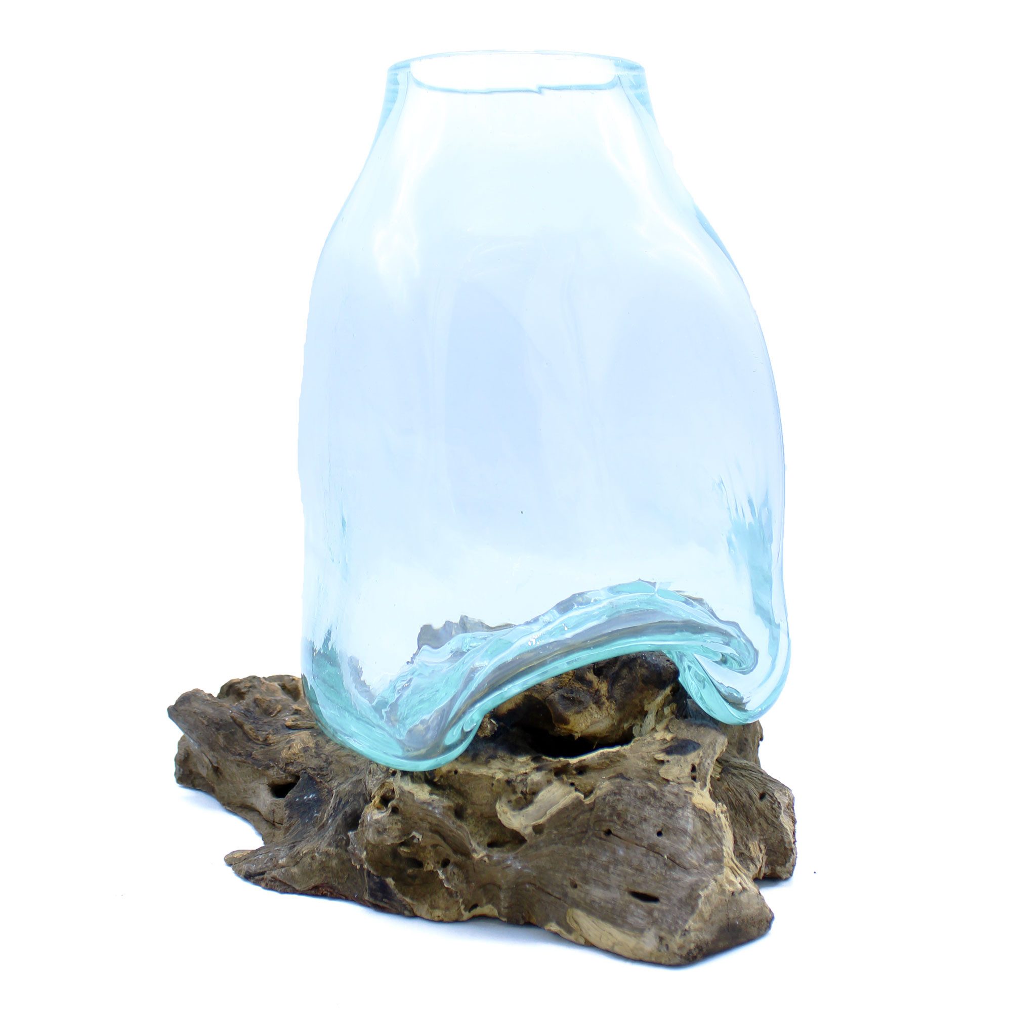 Dekovase Große Vase aus geschmolzenem Glas – Terrarienglas auf Holz