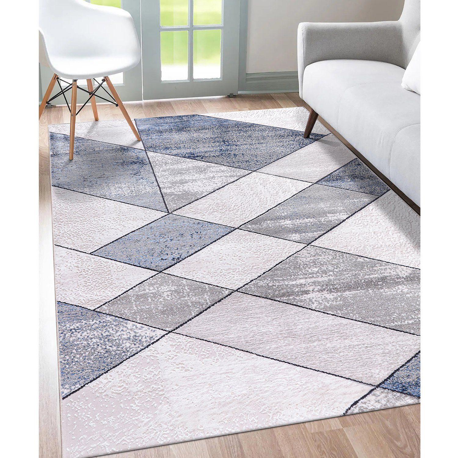 Designteppich Designer Wohnzimmer Teppich Palmas Abstrakt Musterung Blau  Grau, Carpetilla, Rechteckig, Höhe: 10 mm, Kurzflor, Wohnzimmer,  Kinderzimmer