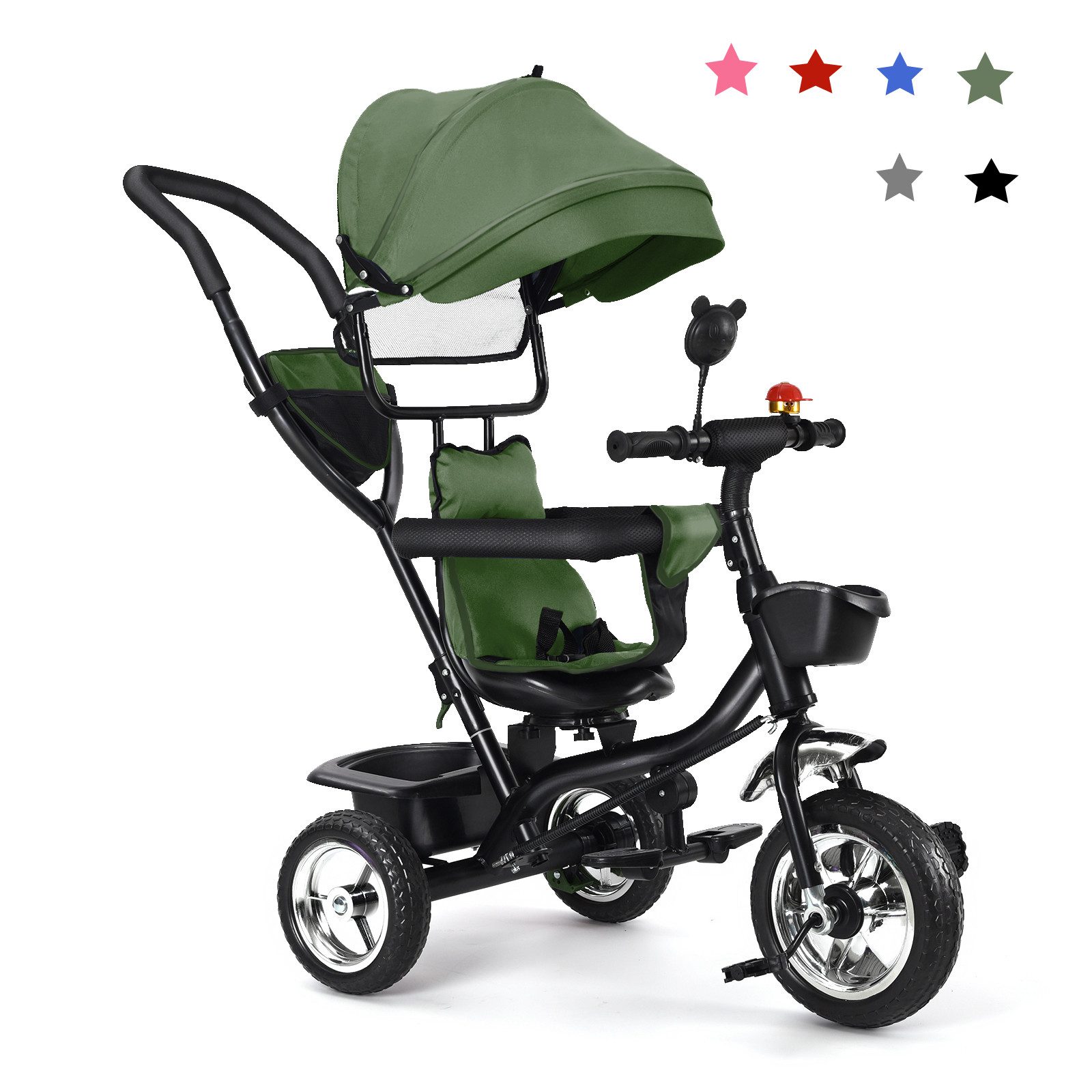 JEOBEST Dreirad Dreirad 4 in1 Kinderdreirad Kinder Fahrrad Kinder-Buggy, Dreirad-Kinderwagen Korb & Zubehör für Babys & Kleinkinder, Grün