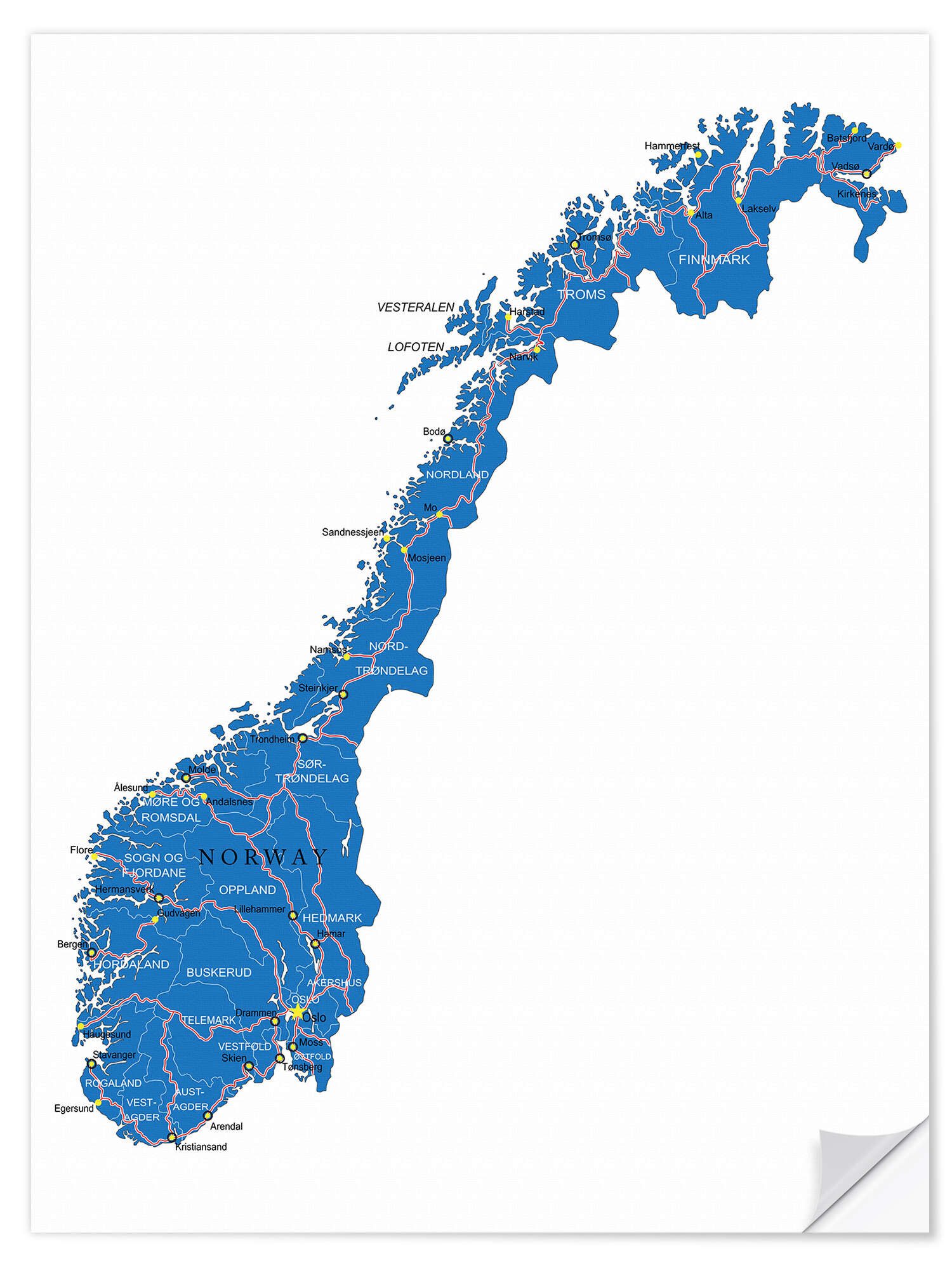 Posterlounge Wandfolie Editors Choice, Karte Norwegen, Wohnzimmer Illustration