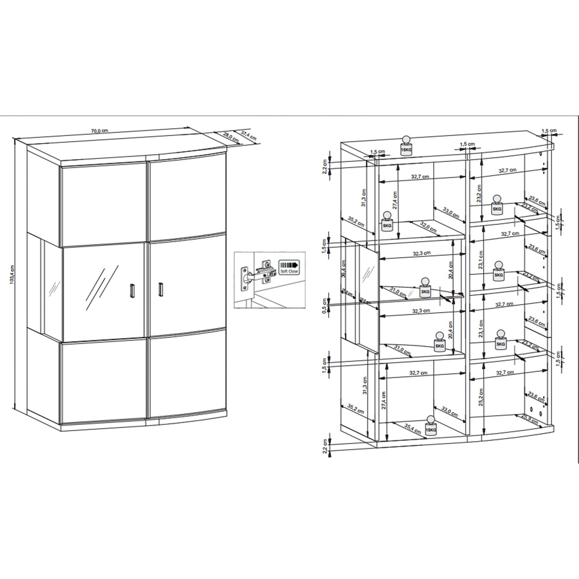 Kessel Vitrine (1-St) 70x103x37 Wandvitrine 58 Hängevitrine Eiche/Hochglanz Weiß/Grandson aufm Jana