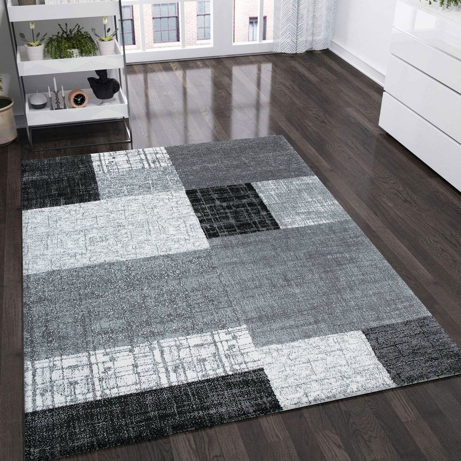 Vimoda Teppich Wohnzimmer Klassisch Karo- kariert Design, Rechteckig, Höhe: 5 mm, Läufer Kachel Optik in Türkis Grau Gelb & Lila Teppich Schlafzimmer