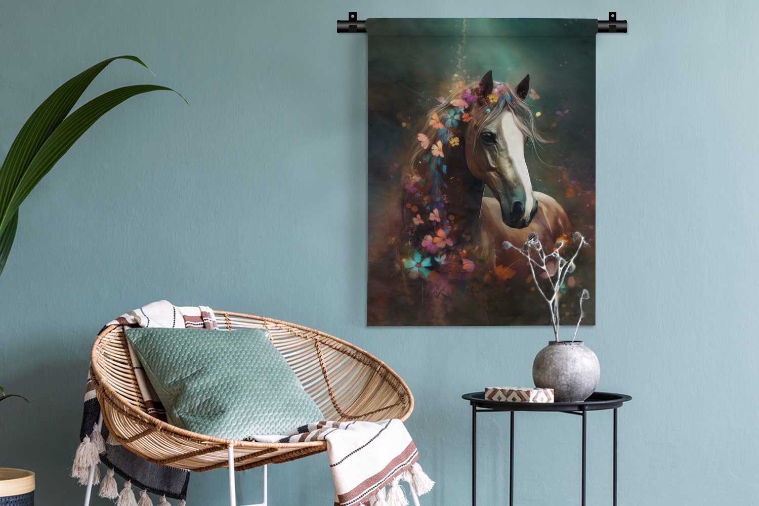Pferd Tapisserie, an Wohnzimmer, Natur der für MuchoWow Schlafzimmer Blumen, Deko - - - Schmetterling - Tiere Wand, Wanddekoobjekt