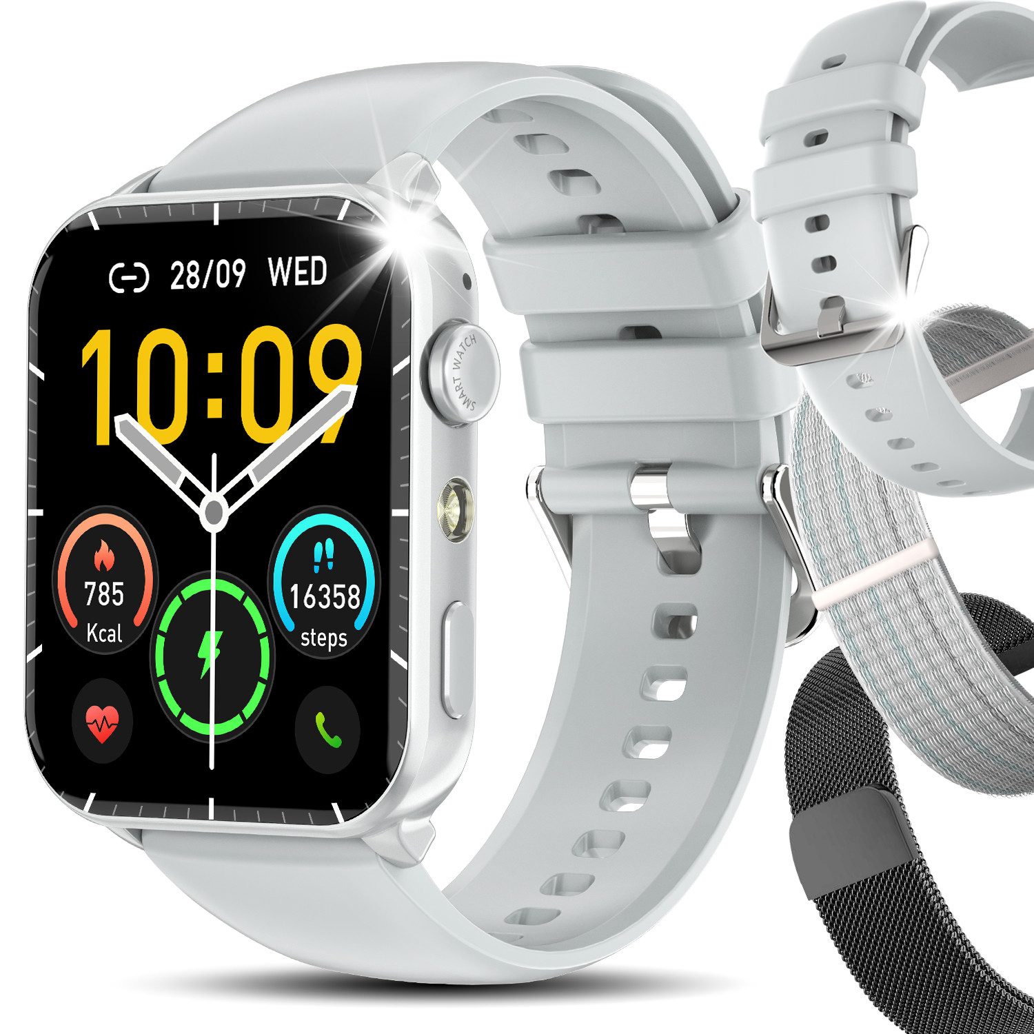 IOWODO Smartwatch Damen Herren 1,91" HD Touch, mit LED Lampe& Bluetooth Anruf Smartwatch, 3xRiemen (Metallarmband+Silikonarmband+Geflochtenesband) und Ladekabel, 5 Tage Akku,350 mAh,SpO₂/HR/Schlaf,App-Fitnesskurse,Schrittzähler,IP68
