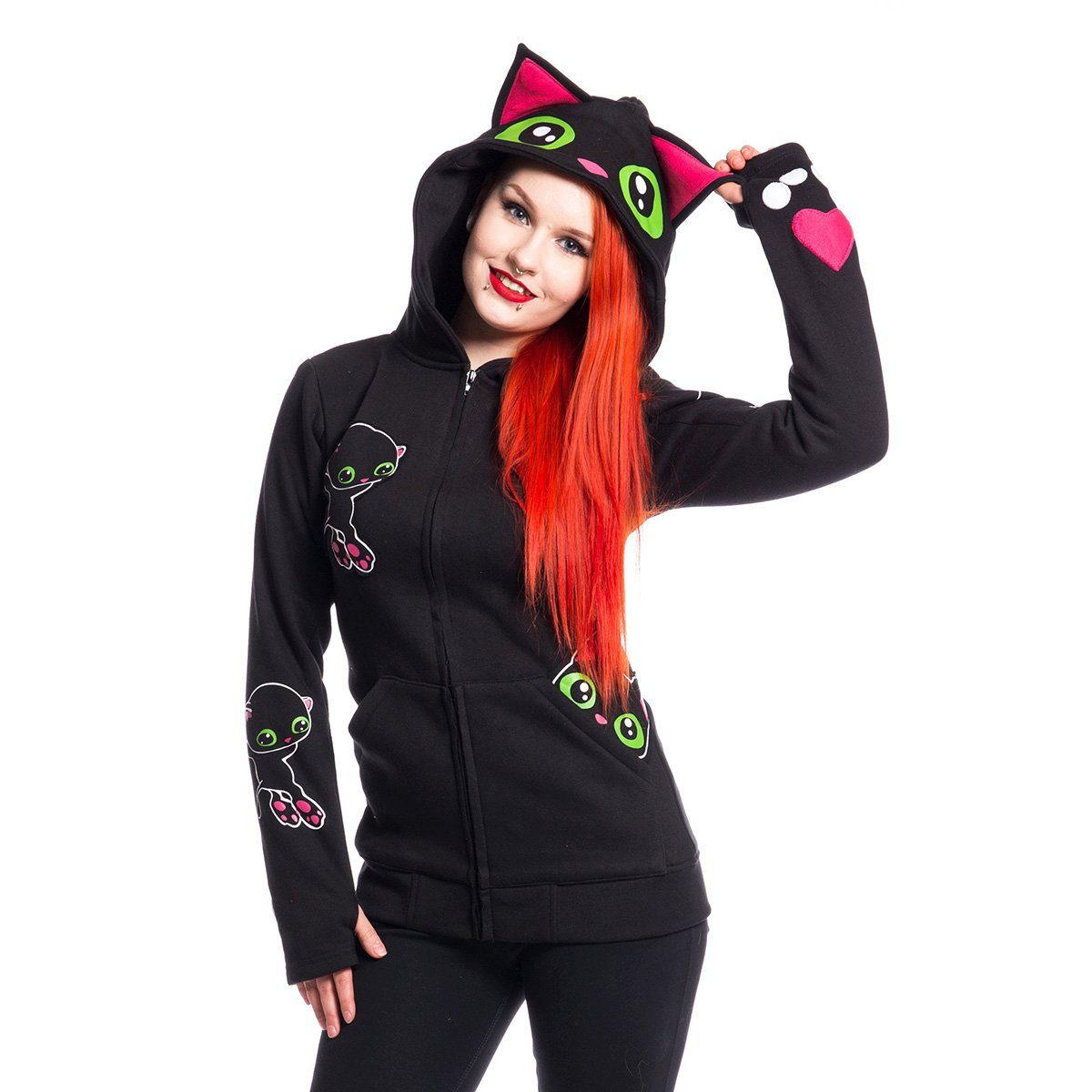 Cupcake Cult Kapuzensweatshirt Black Cat Hood Kapuzenjacke Hoodie Anime Manga Kawaii Neko