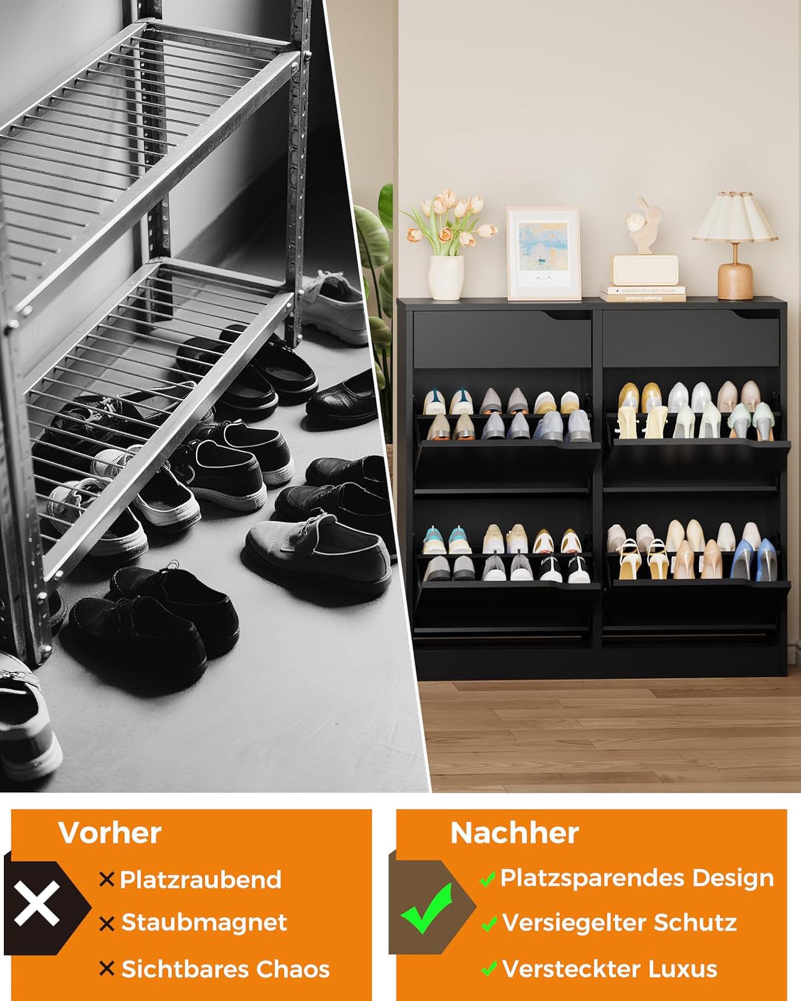 Luckice Garderobenschrank Schuhschrank, Schuhkipper, verstellbare Trennwände, Schmal​ (Set, 1-St., Flur & Eingang, modernes Design mit verstellbaren Regalen) 4 aufklappbare Schubladen, verstellbare Regale, Anti-Kippschutz