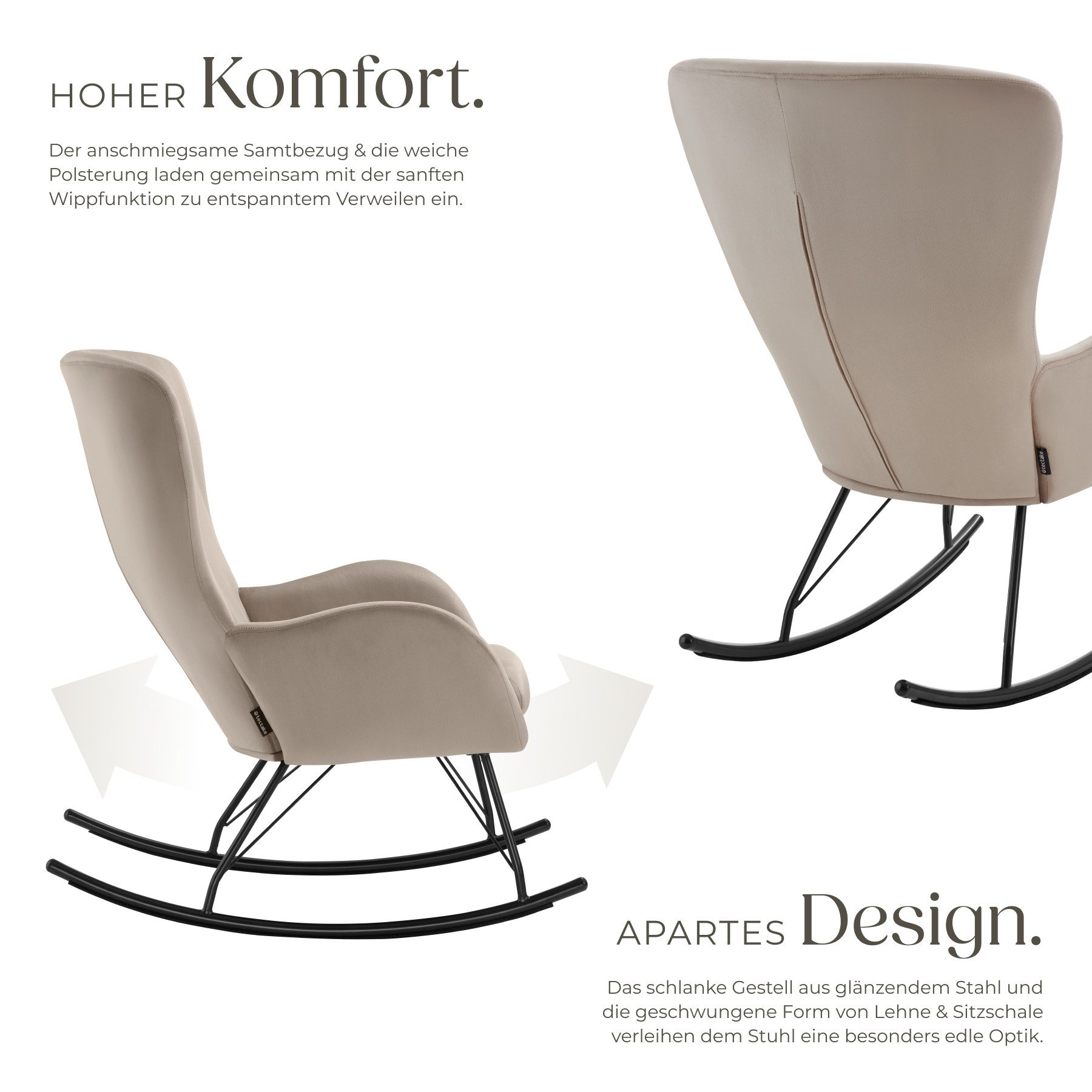 tectake Schaukelstuhl Relaxsessel Swing mit Stahlkufen und dicker Polsterung (Set, 1 St), Abnehmbares, extradickes Sitzpolster mit waschbarem Bezug