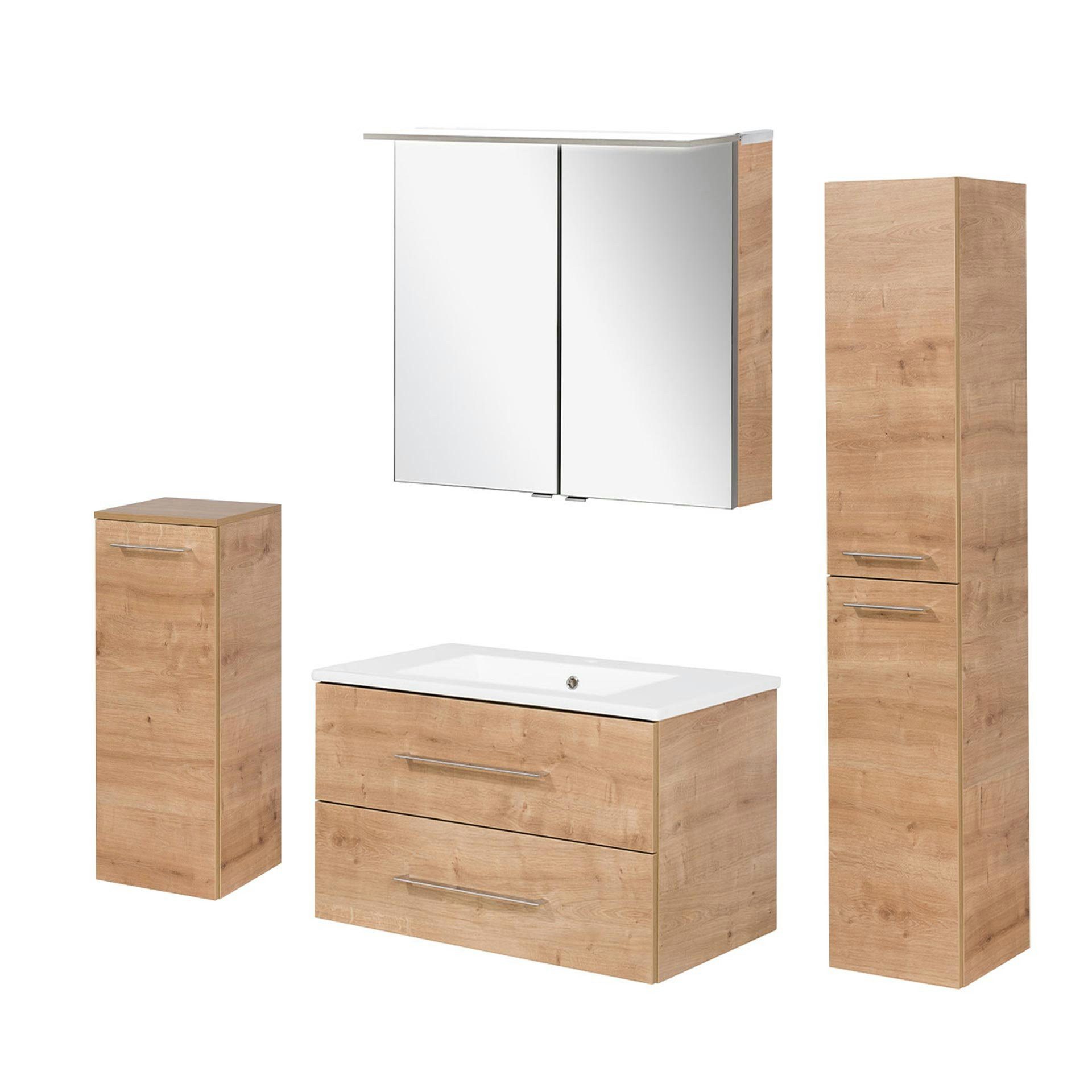 FACKELMANN Badmöbel-Set 5-teilig, Waschtisch, Spiegelschrank, Hochschrank, Midischrank