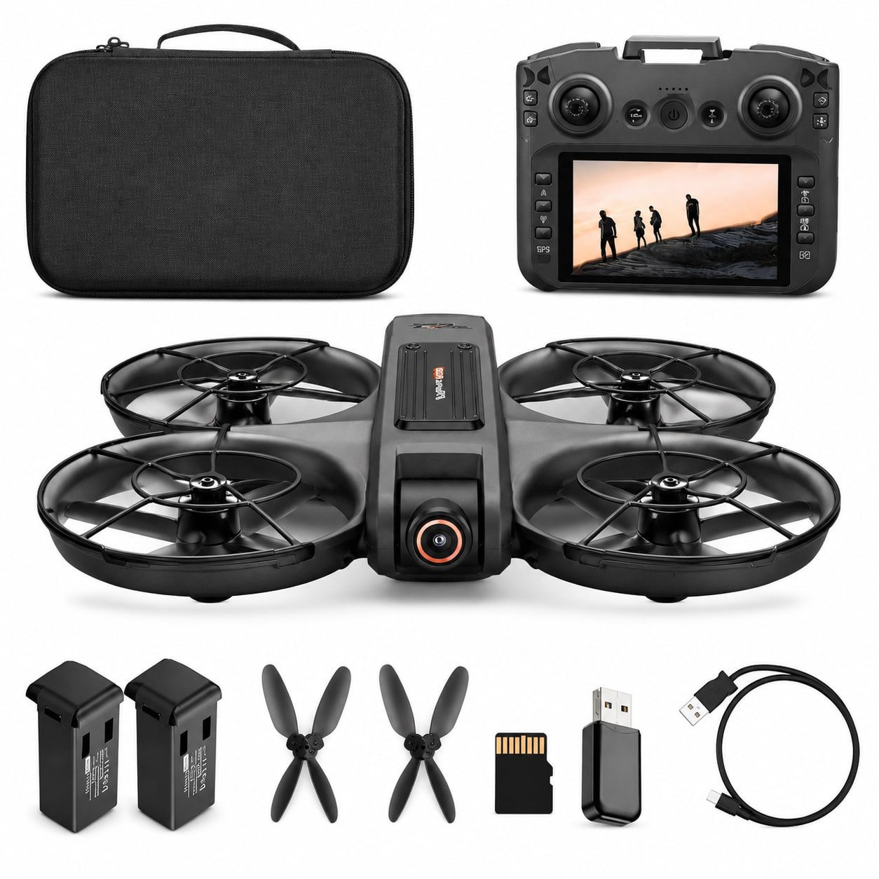 Goldstern-Tech RC-Quadrocopter (Drohne mit Dual-Kamera & Full-HD Displaycontroller, Kameradrohne, bis zu 60 Min. Flugzeit), Optical Flow, 360° Flugmodi, Propellerschutz