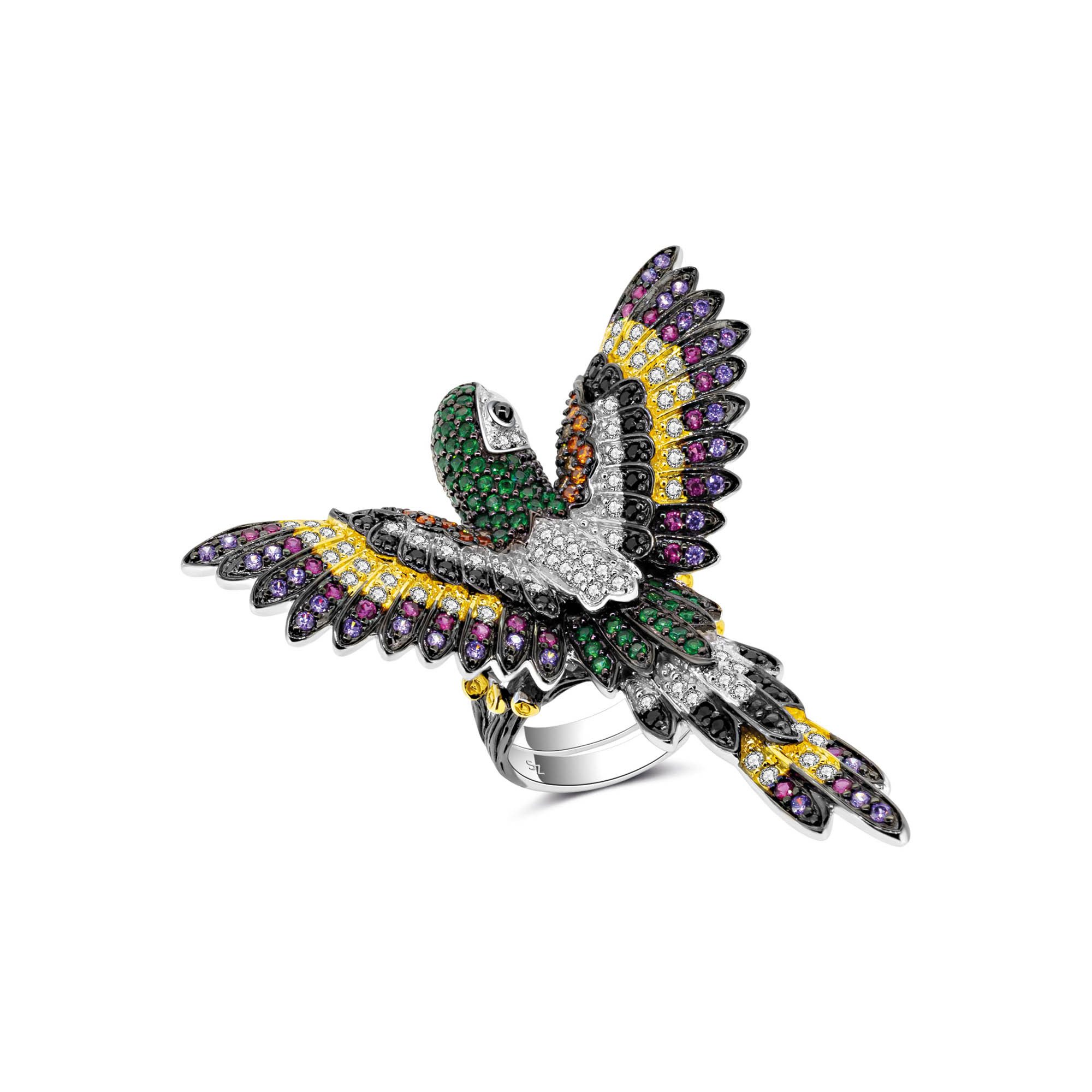Seinerzeit FLORA & FAUNA Silberring Falco Papageien Ring (1-tlg), Material: 925 Sterling Silber, rhodiniert, geschwärzt, vergoldet