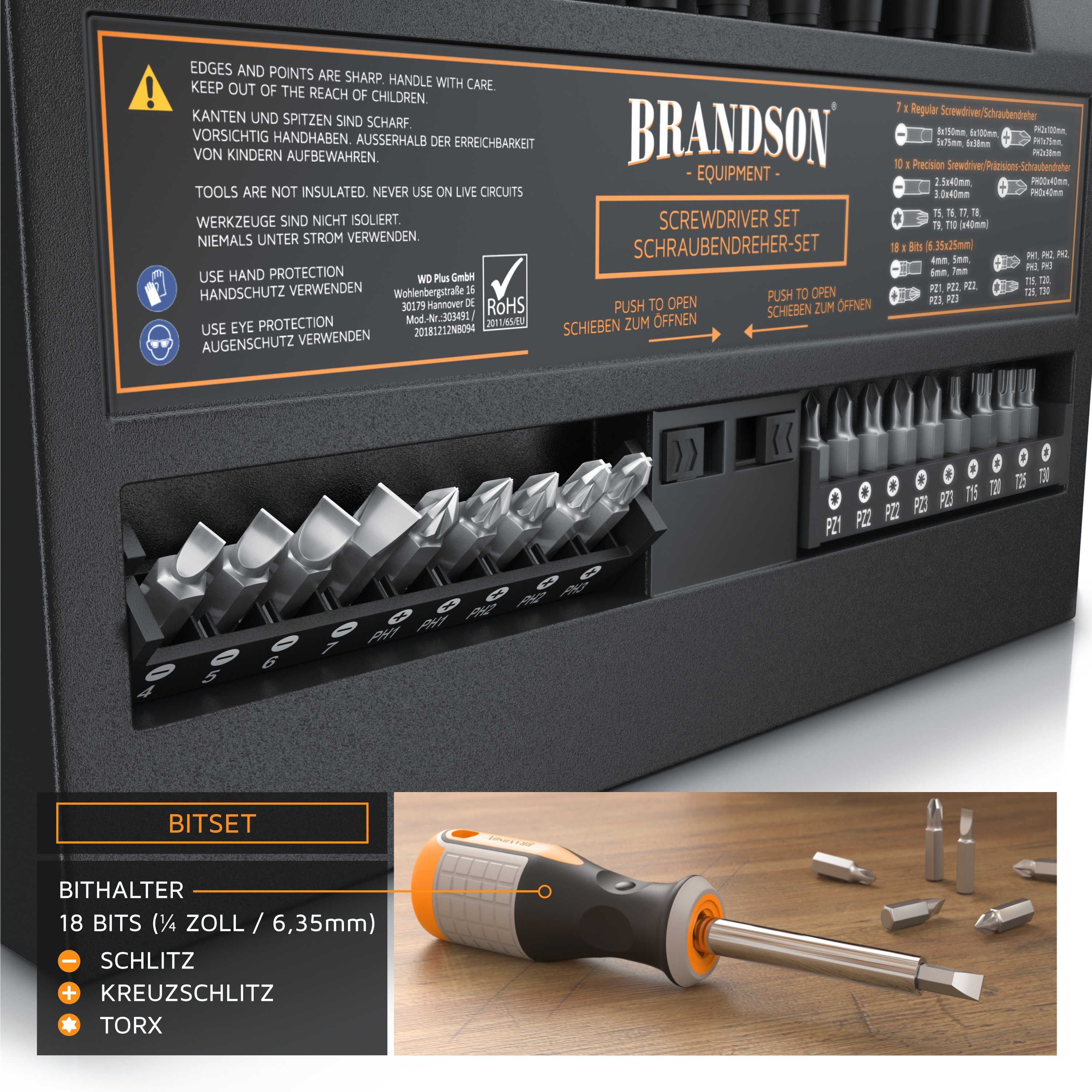 Brandson Schraubendreher Set 36 teilig, magnetisch, 18 Bits mit Bithalter, Schlitz und Kreuzschlitz, Feinmechanik