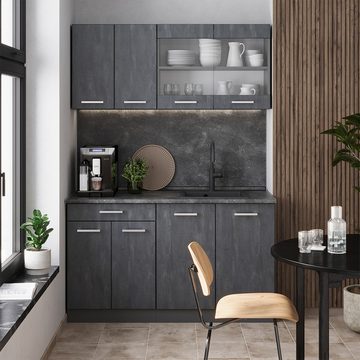Livinity® Küchenzeile R-Line, Schwarz Beton/Anthrazit, 140 cm AP Anthrazit
