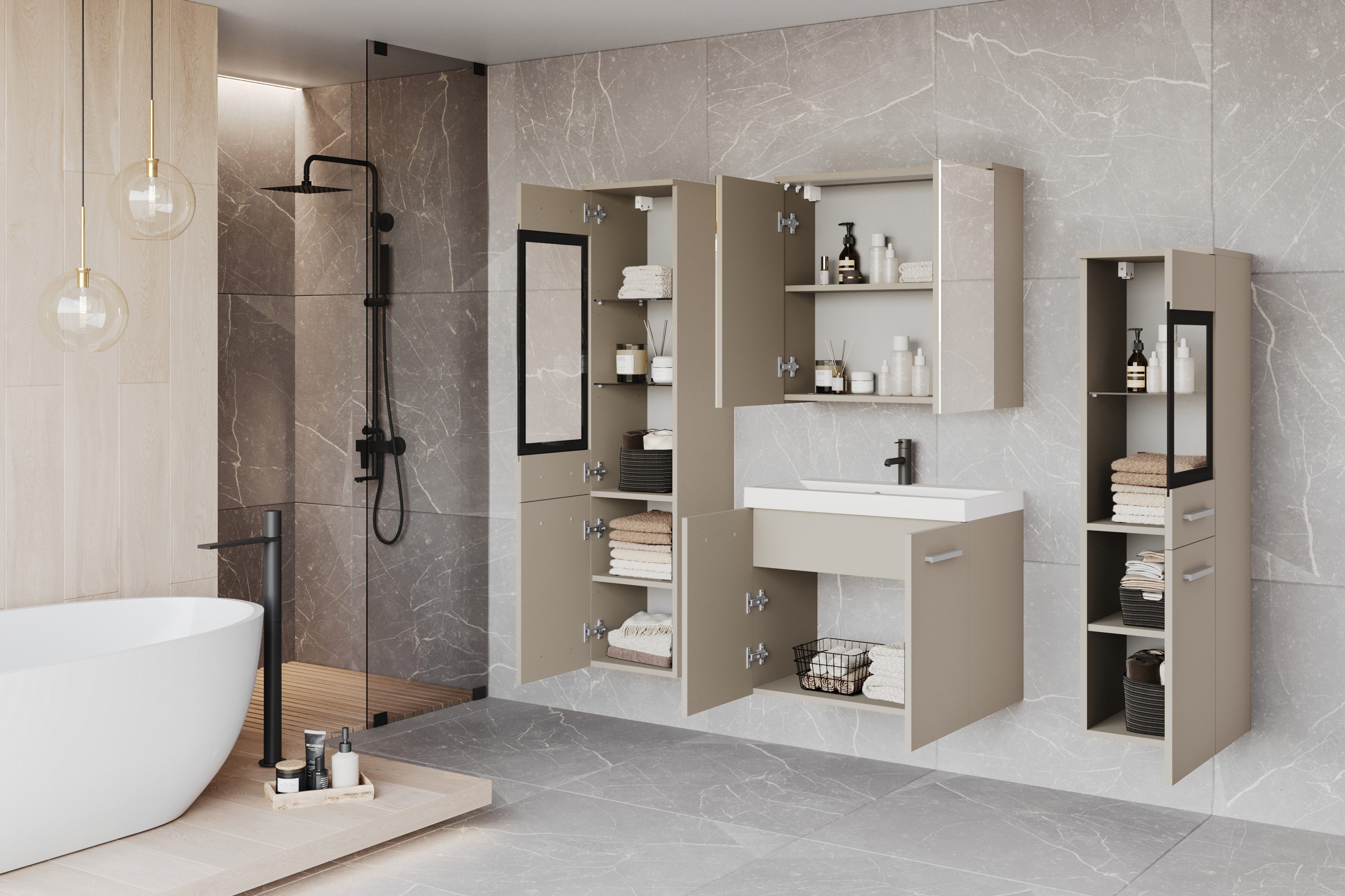 welltime Badmöbel-Set MADRIT II, Schrank mit Waschbecken, 2 Hänger, Spiegelschrank, (Komplett-Set, 5-St), Hängende Badmöbel mit Glaseinsätzen – in vielen Farben erhältlich