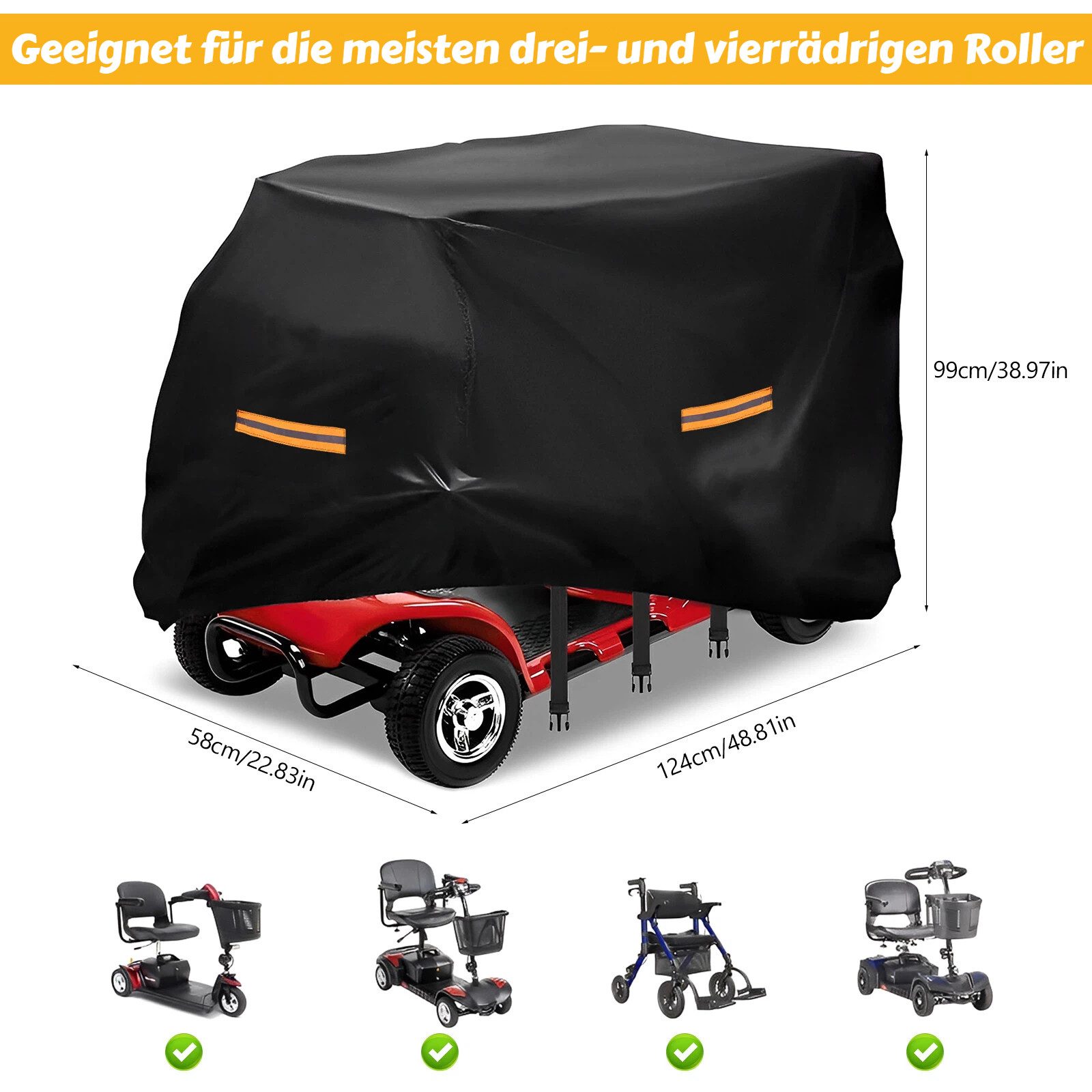 BlingBin Faltgarage Elektromobil Abdeckhaube Wasserdicht, Abdeckung für Mobilitätsroller (1er Set, 1-St., Abmessungen: 124 × 58 × 99 cm), Outdoor-Regenschutz mit Gummiband für Behinderten-Roller, Schwarz