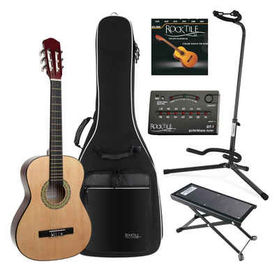 Classic Cantabile Konzertgitarre Klassik Gitarre - Komplettes Anfänger-Kit mit Ständer und Gigbag, 3/4, inkl. Fußbank, Stimmgerät und ein Satz Saiten