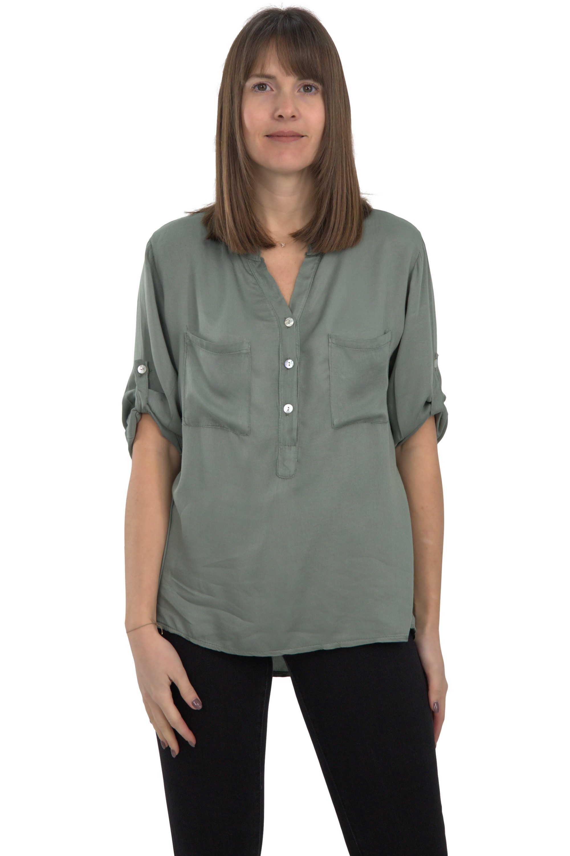 malito more than fashion Schlupfbluse malito Damen Bluse mit Knopfleiste, Tunika mit ¾ Armen, Blusenshirt Bluse mit krempelbaren 3/4 Ärmeln Einheitsgröße