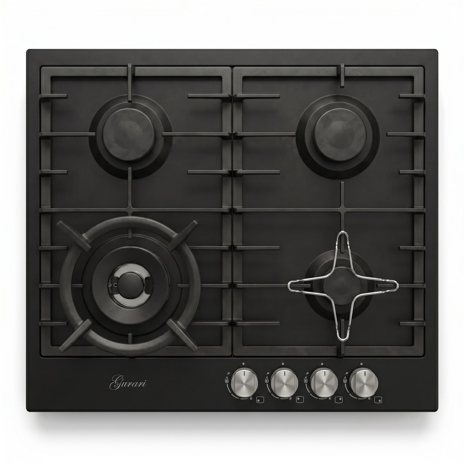 GURARI Gas-Kochfeld GCH FB 604 BL+WOK , Gaskochfeld 60 cm, Schwarz 4,0 KW WOK, 4 Gasbrenner,Autark GCH FB 604 BL, Gaskochfeld mit Wok-Brenner Hochwertiges Autarkes Einbaukochfeld