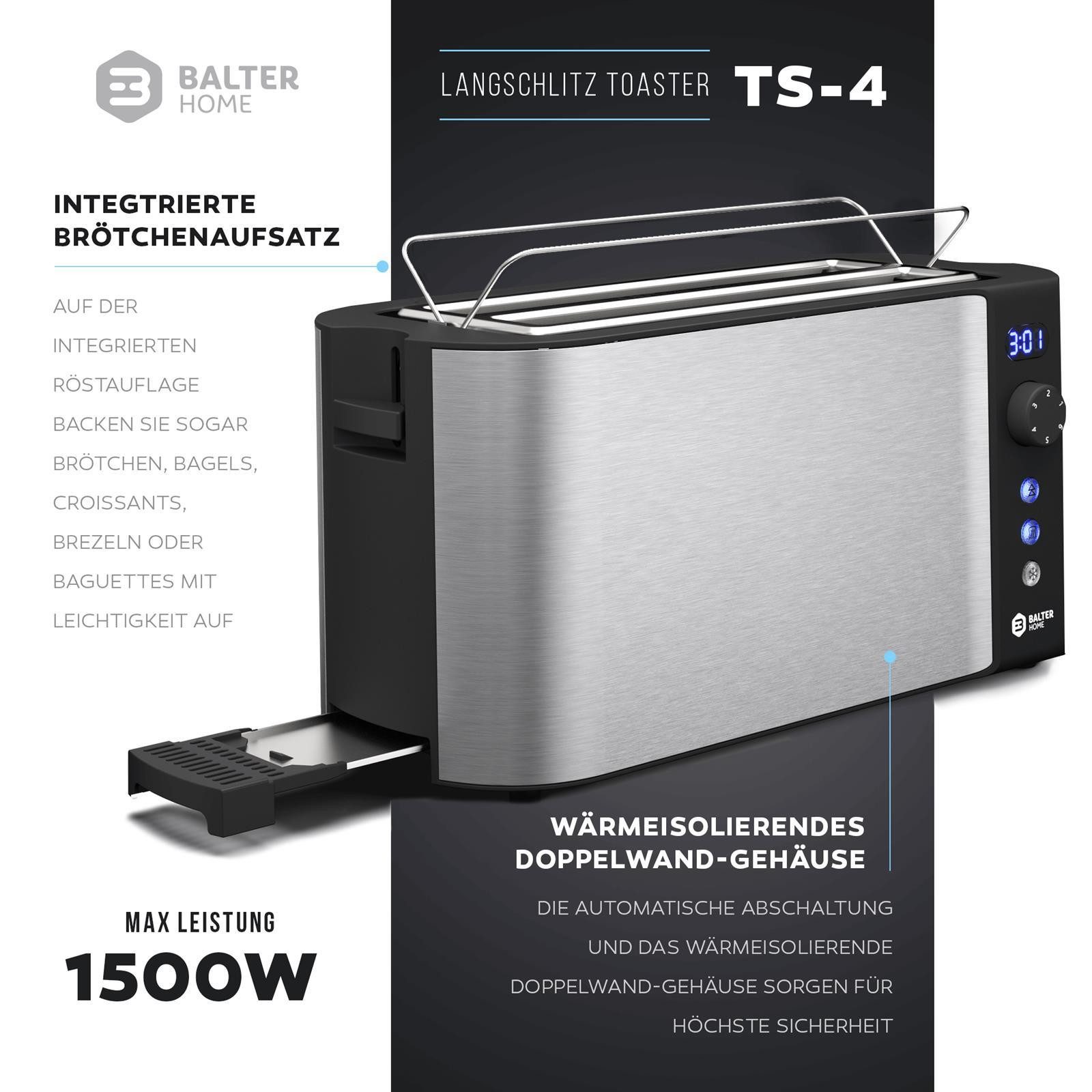 Balter Toaster TS-04-LCD Edehlstahl Silber, Langschlitz, für 4 Scheiben, 1500 W, LCD Restzeitanzeige, Auftaufunktion
