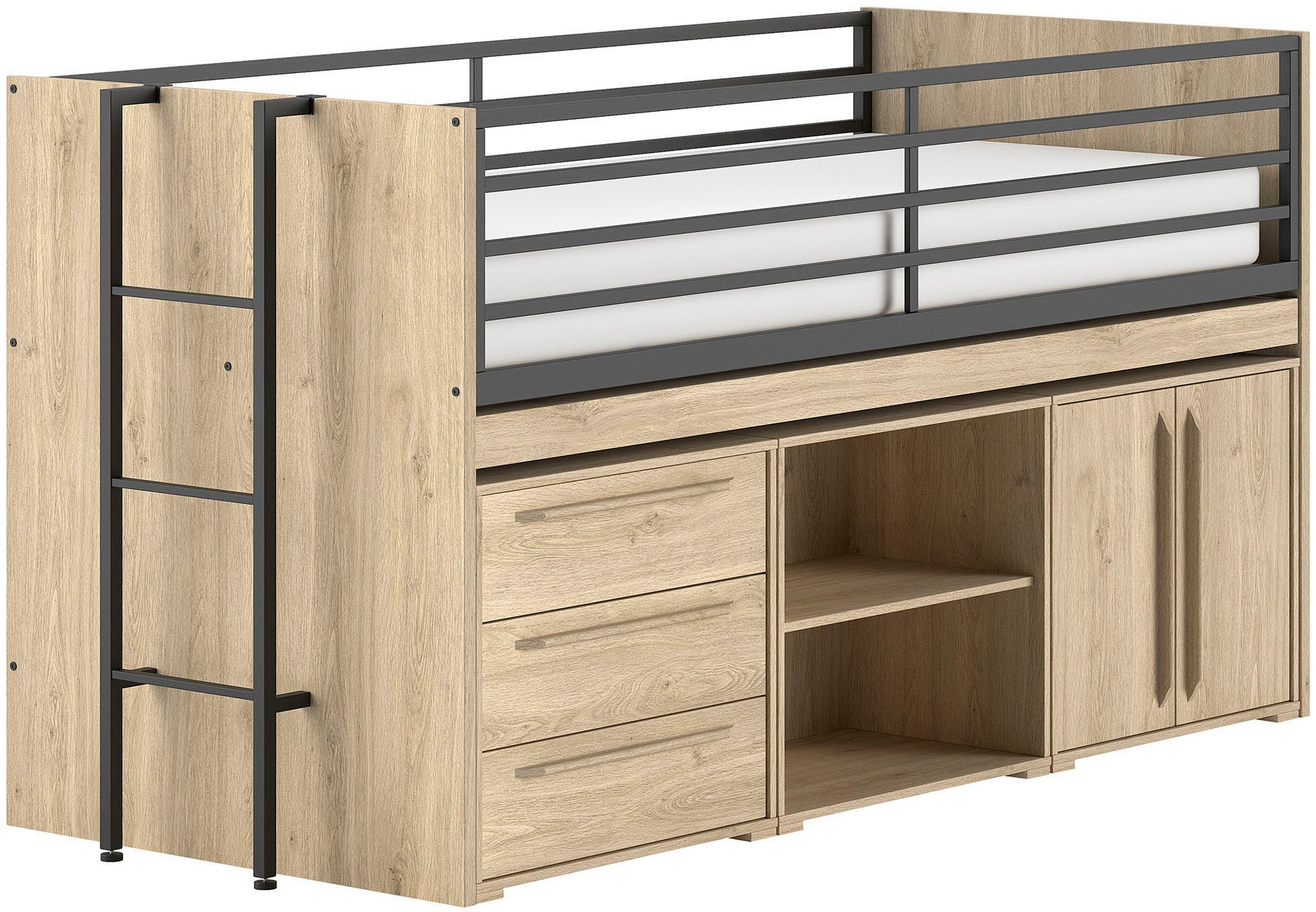 Vipack Stauraumbett Sam, schlafen und arbeiten in einem, wahlweise Eiche- oder Weiß-Dekor (Liegefläche 90x200 cm, darunter eine große ausziehbare Schreibplatte), mit Absturzschutz, Leiter u. Stauraum, pflegeleichte Dekor Oberfläche