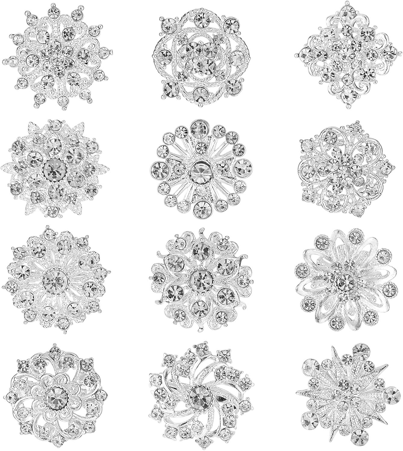 FOUORTUNATE-BEE Brosche 12-teiliges silbernes Strassbroschen-Set für Hochzeit (12-tlg), Elegante Broschen für Braut, Brautjungfern und Abendkleider