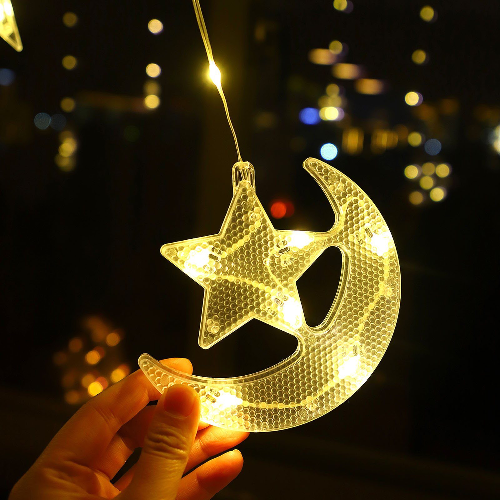 Jibenhome Lichterkette 82 LEDs Mond mit Stern Lichtervorhang Ramadan Lichterkette 2.3M, 3 AA-Batterien