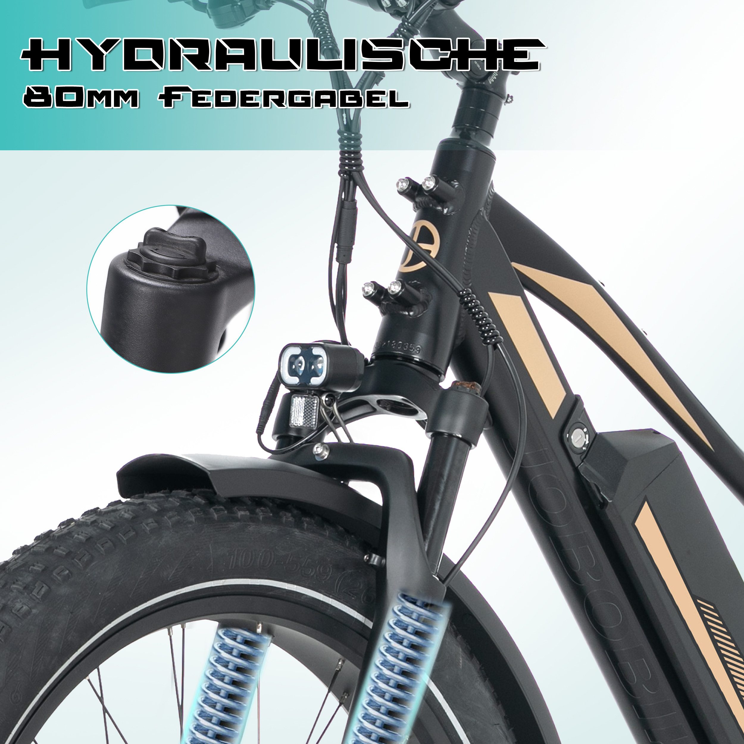 JOBOBIKE E-Bike Mountainbike 26x4 Zoll, Elektrofahrrad, max. 180km, Robin Pro, für Damen und Herren, 8 Gang Shimano, Kettenschaltung, Heckmotor, 960 Wh, Federgabel, Gefederte Sattelstütze, 5 Stufen, Bremslichtfunktion, MTB