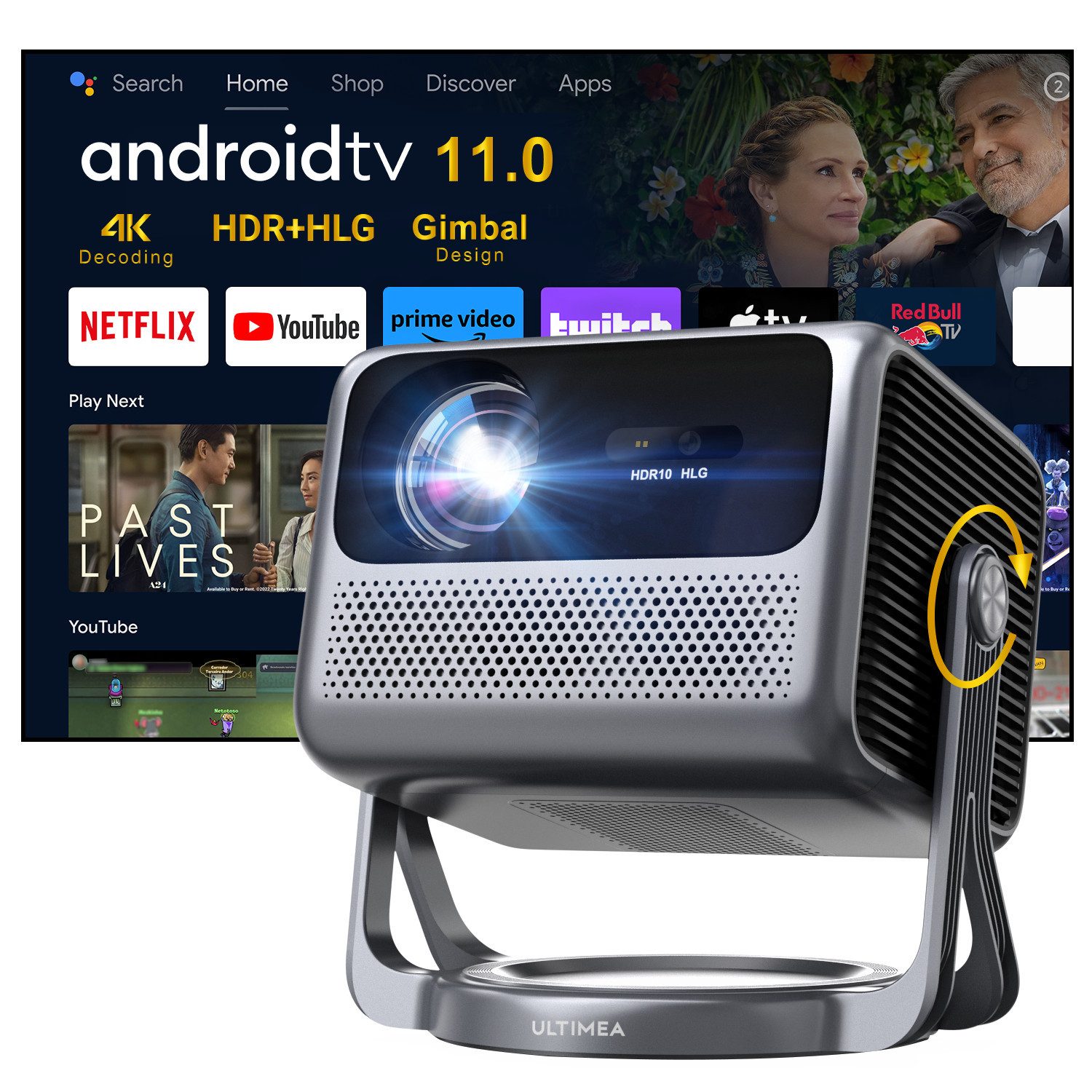 Ultimea Nova C40 Beamer mit 4K Dekodierung und Android TV 11.0 Beamer (1000:1, 1920 x 1080 px, Dolby Audio, 600 ANSI, HDR10&HLG, mit 90° Gimbal Stand-freiem Design)