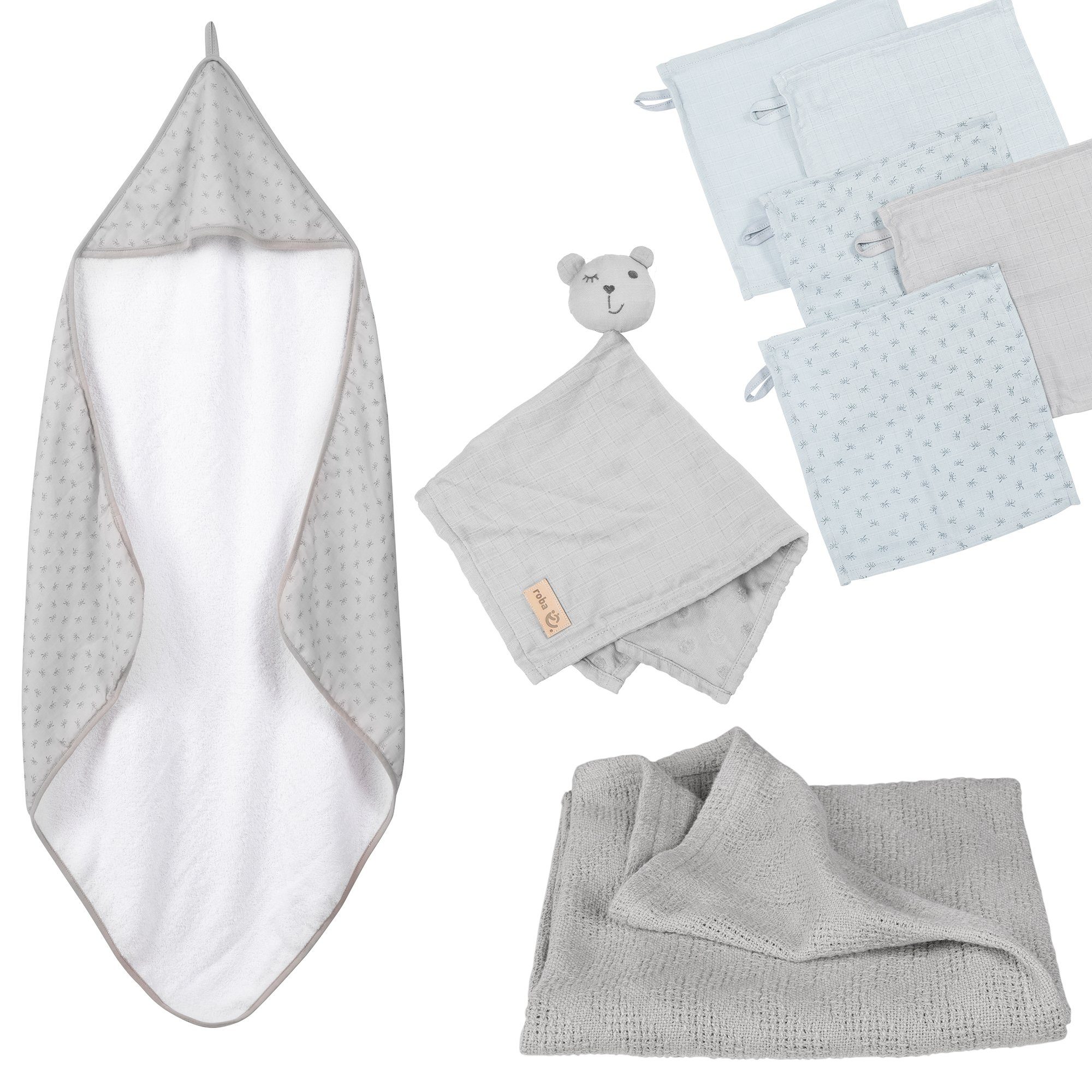 roba® Neugeborenen-Geschenkset Lil Planet Handtuch, Waschlappen, Schmusetuch & Decke silbergrau