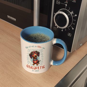 speecheese Tasse Dackel Kaffeebecher in hellblau mit Spruch Nie zu klein für
