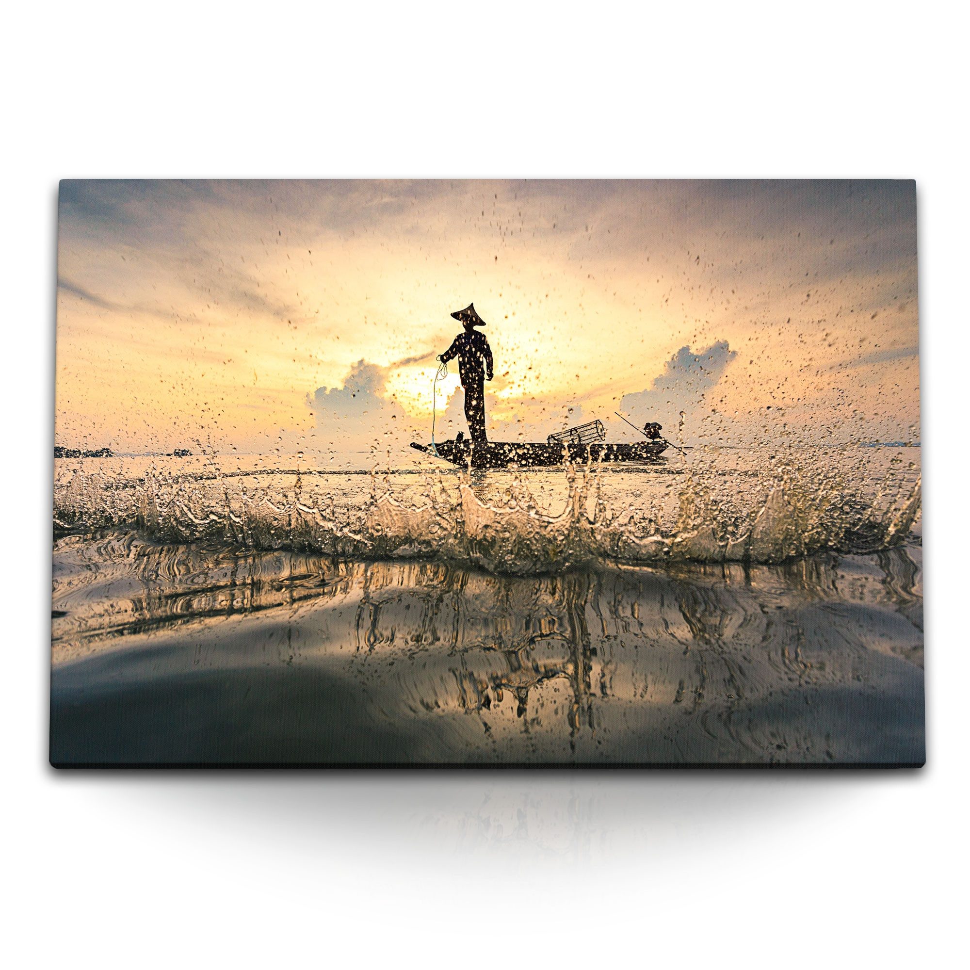 Leinwandbild 120x80cm Wandbild auf Leinwand Meer Horizont Sonnenuntergang Fischer T
