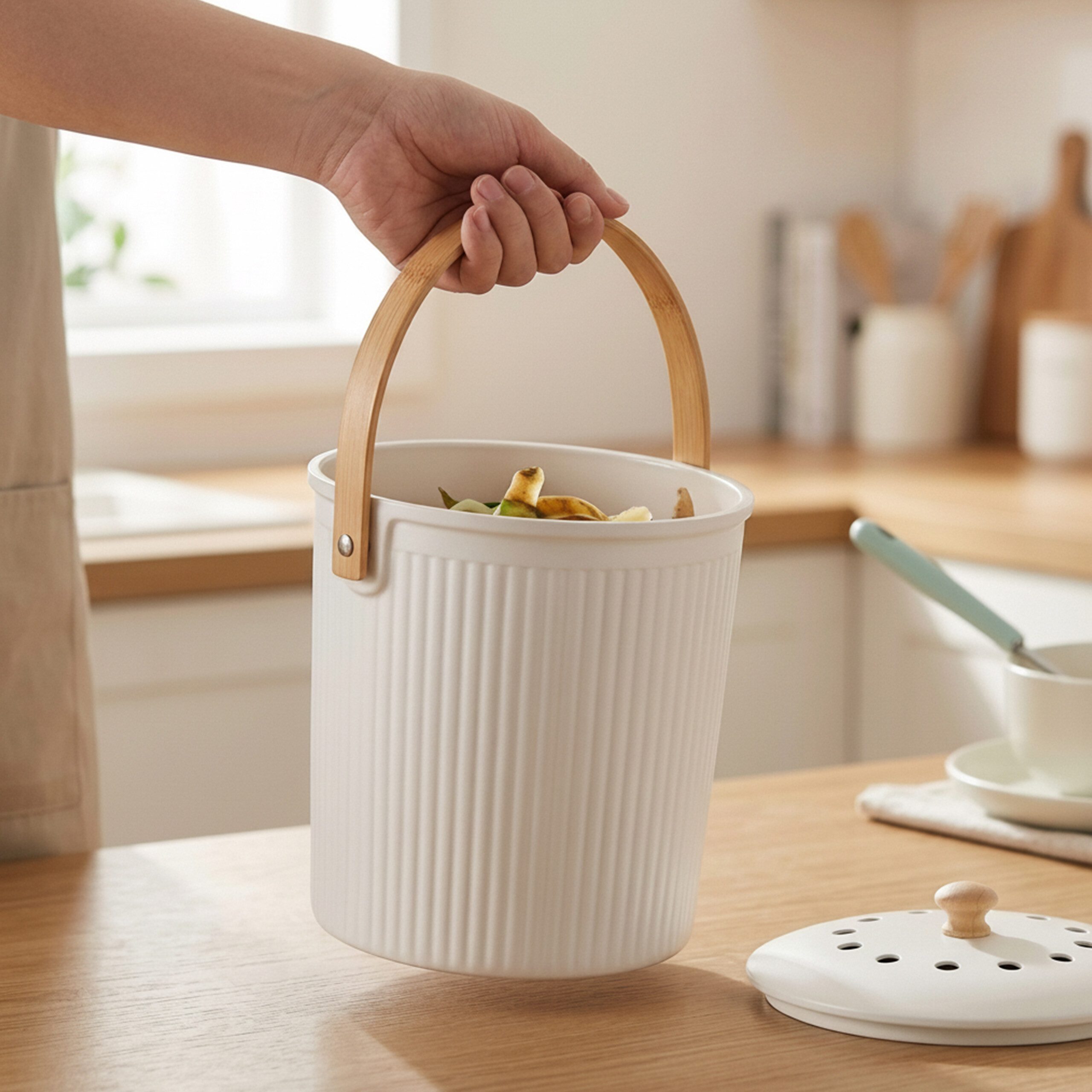 relaxdays Biomülleimer Runder Komposteimer Küche 5,6 Liter, weiß