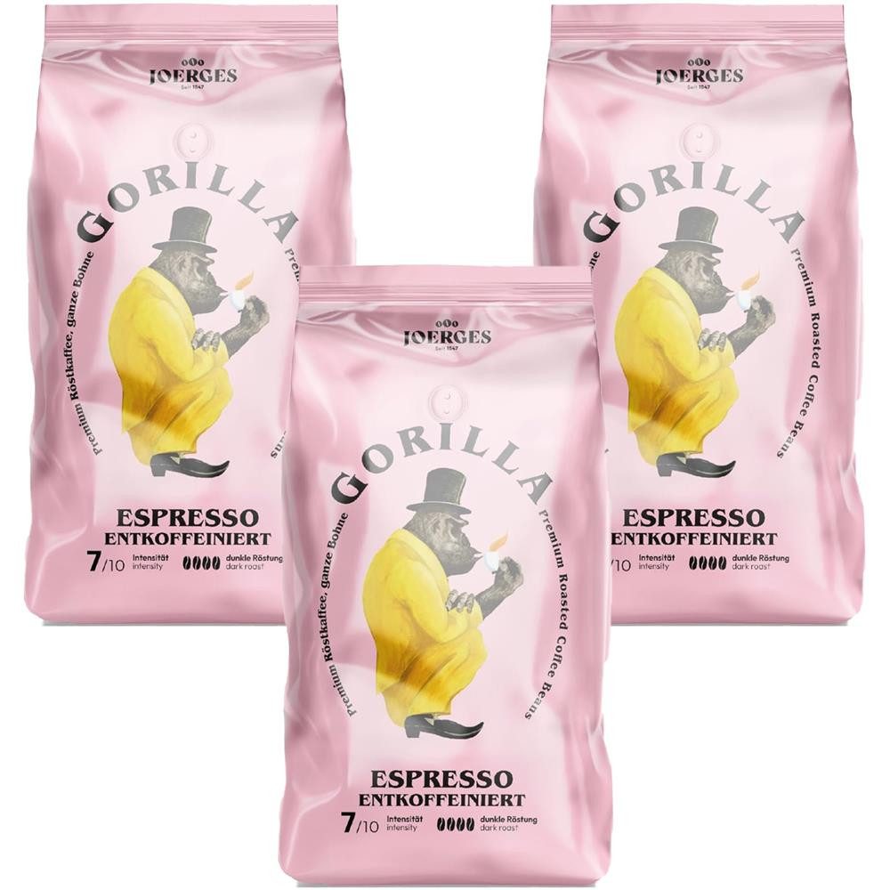 Gorilla Kaffee Joerges Espresso Entkoffeiniert 3x1kg Bohnen Kaffeebohnen, 3 x 1000 g, mit nussigen, schokoladigen und würzigen Noten