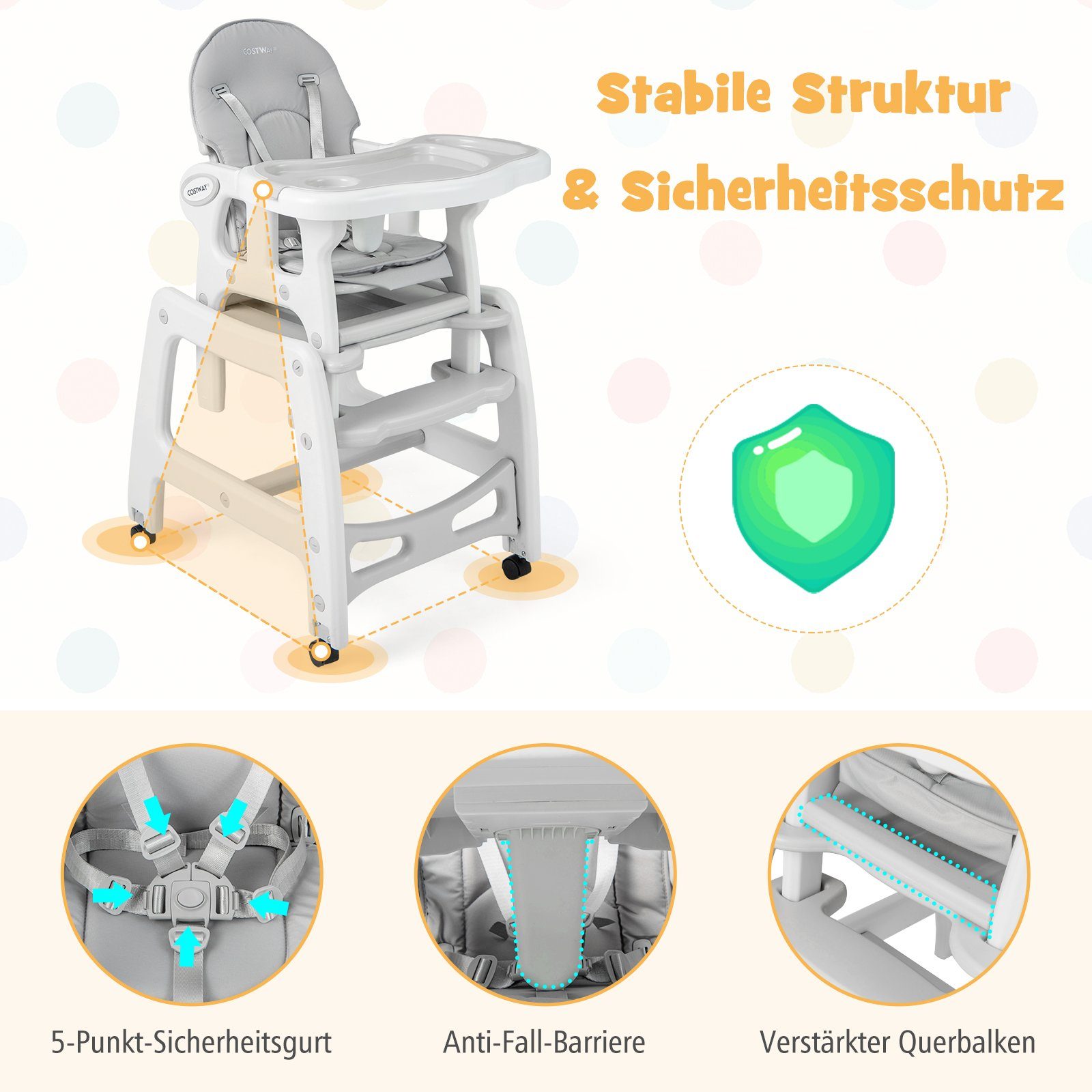 COSTWAY Hochstuhl 3 in 1 Babystuhl, wandelbar, einstellbarer Winkel, abnehmbar – Bild 5 von 5