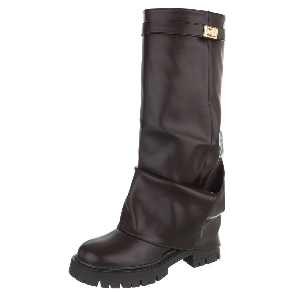 Ital-Design Kniehohe Damenstiefel mit Profilsohle und Riemendetail Plateaustiefel (92392230) Blockabsatz Stiefel in Braun