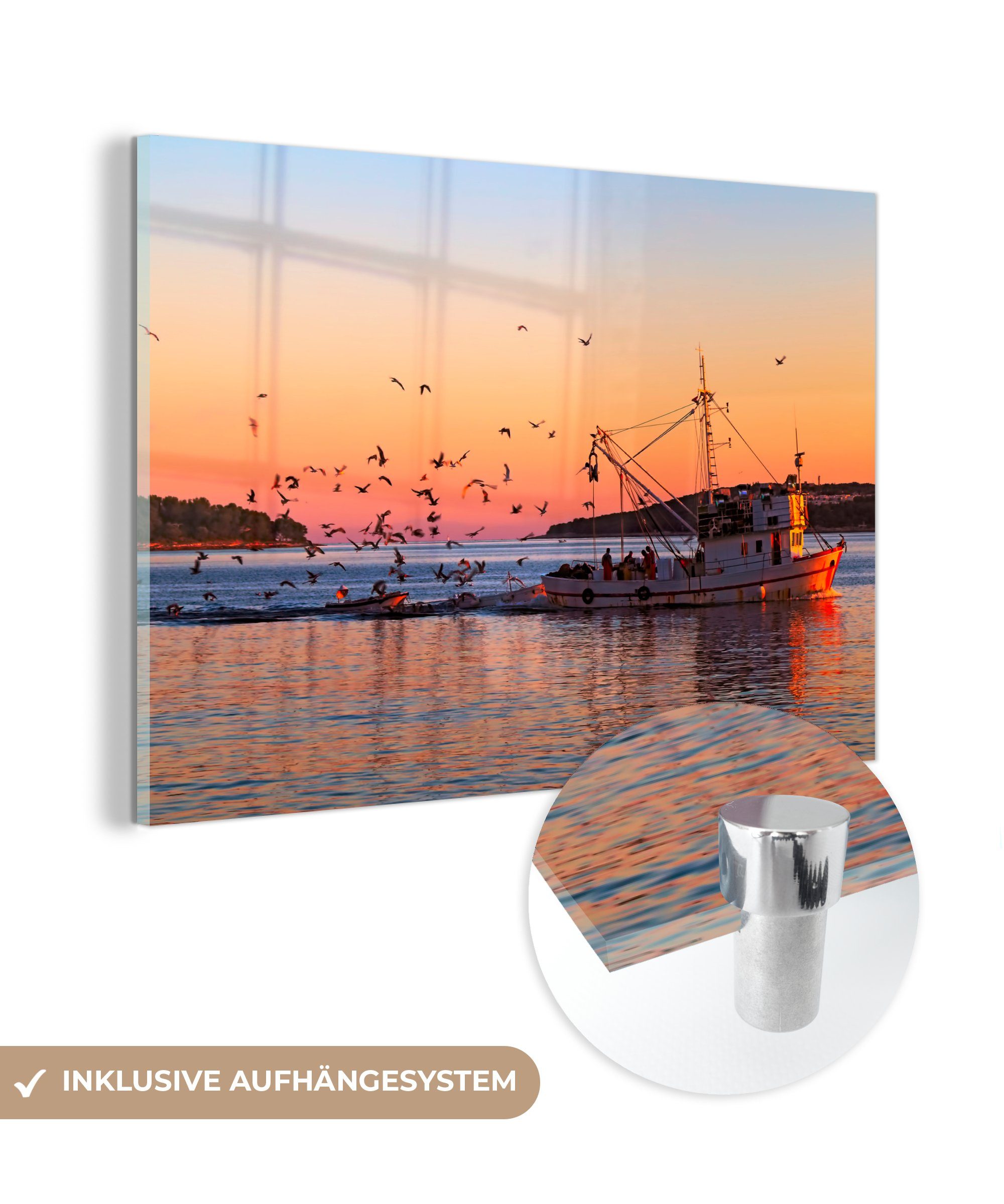 MuchoWow Acrylglasbild Fischerboot bei Sonnenuntergang, (1 St), Acrylglasbilder Wohnzimmer & Schlafzimmer